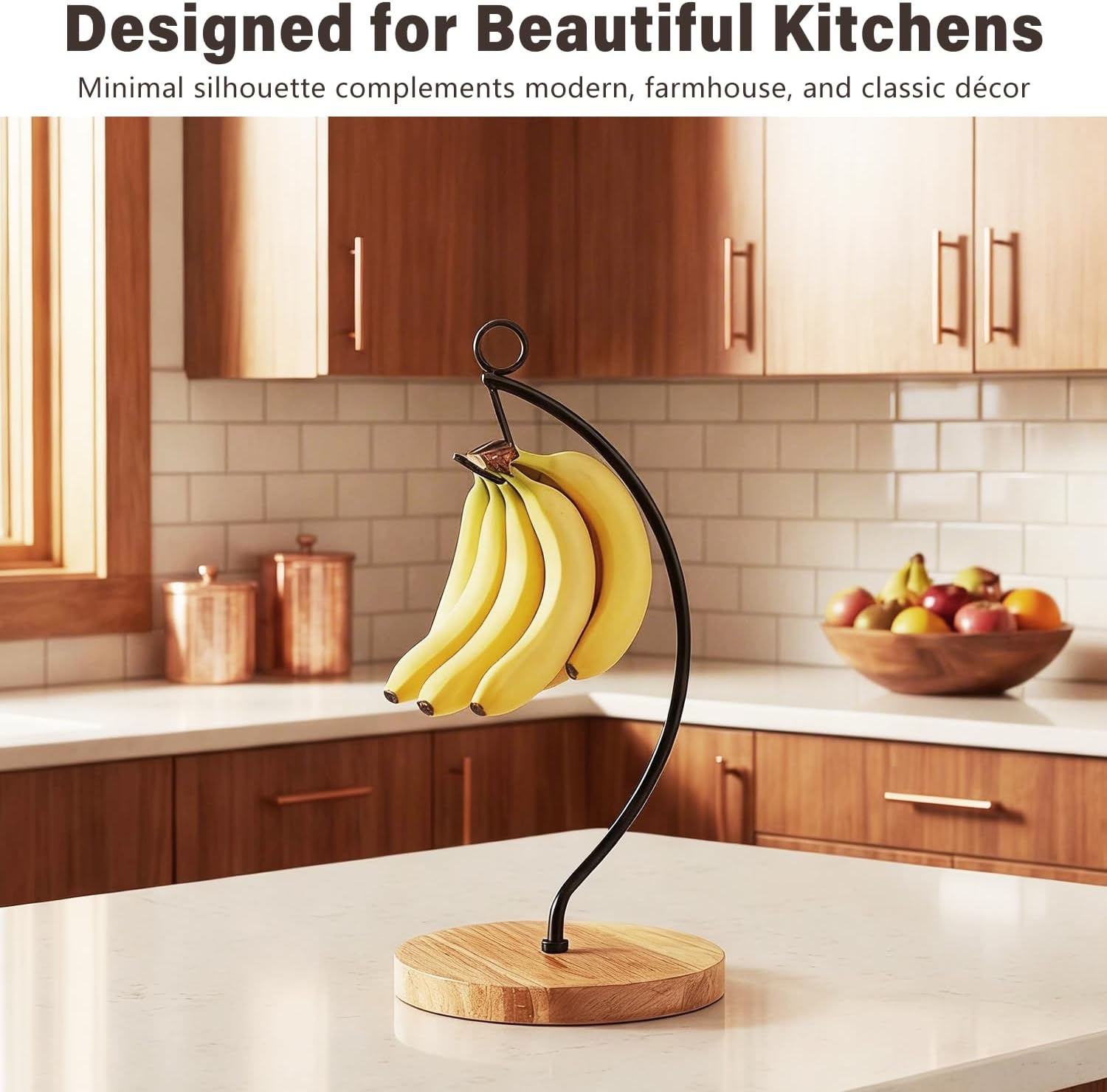 Banana Holder Stand with Wooden Base, Black Metal Banana Tree Hanger, Sturdy Banana Hook Rack to Keep Bananas Fresh, Easy to Install