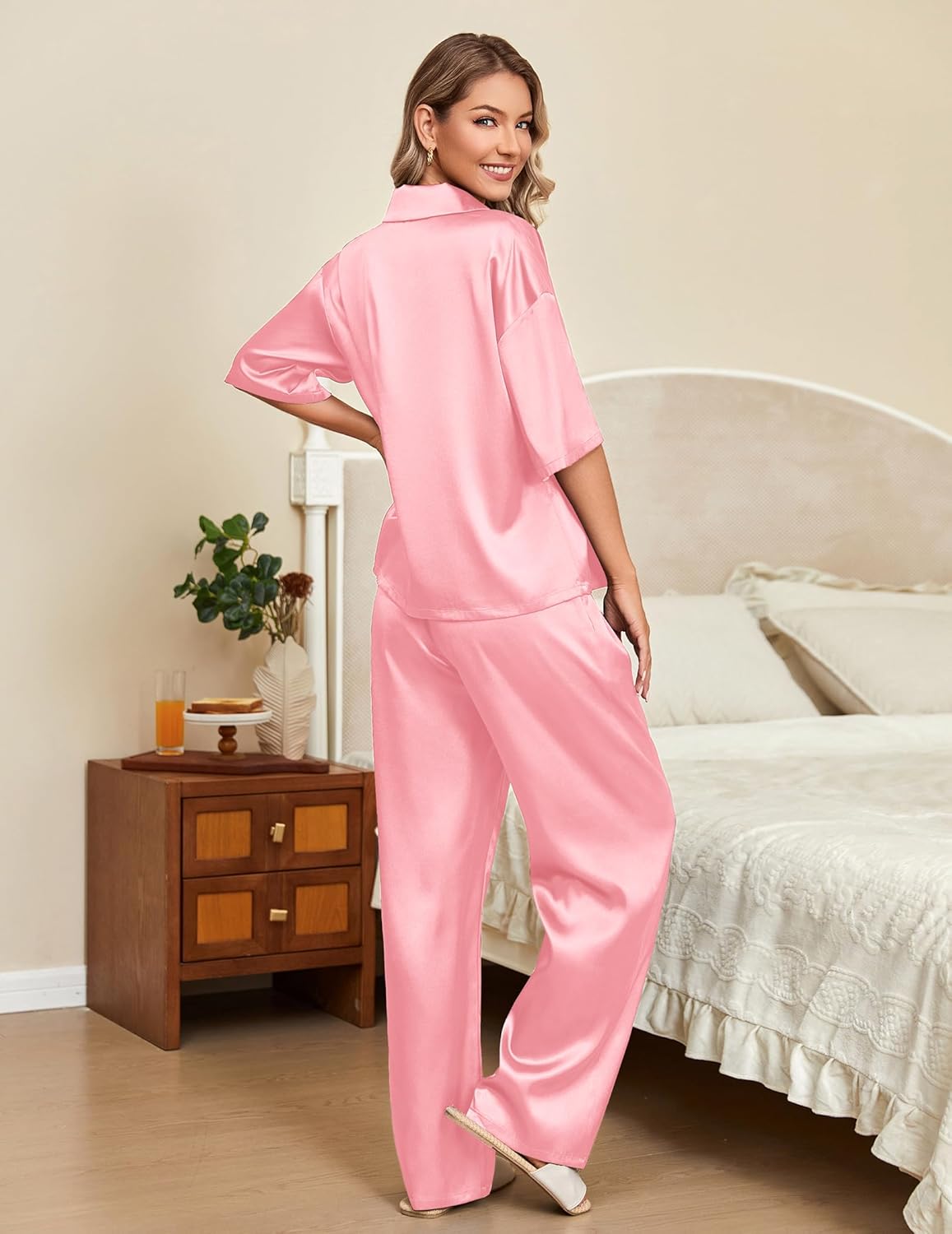 Ekouaer Silk Satin Pajamas Set Women Short Sleeve Pj Sets Button Down Sleepwear 2 Piece Soft Loungewear S-XXL - Image 3