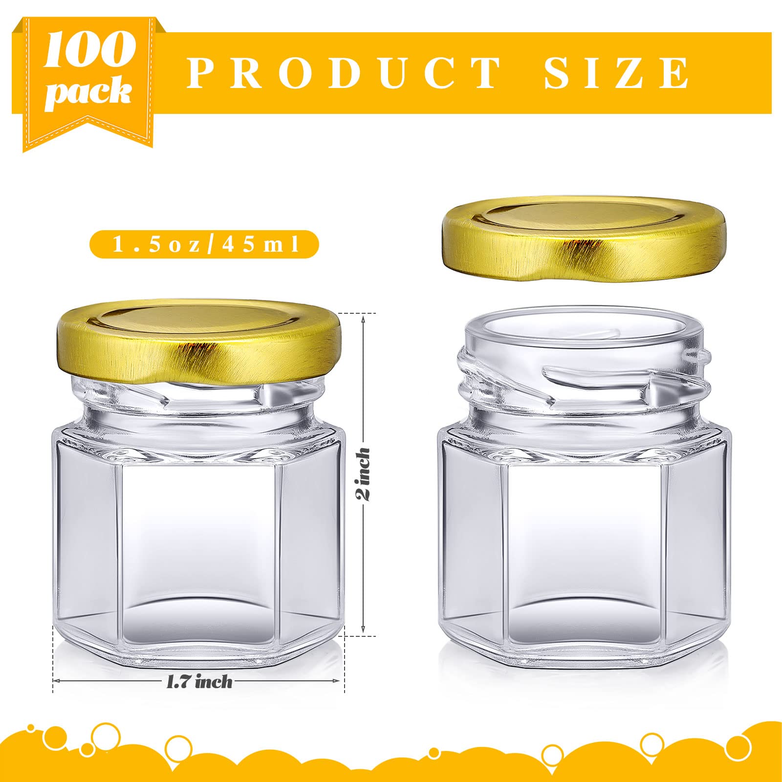 Nuogo 100 Pack 1.5oz Mini Hexagon Glass Jars Bulk for Wedding Small Honey Jars with Lids Spice Jars Canning Jars Mason Jars for Gifts Candy Honey Wedding Party Favors DIY Crafts