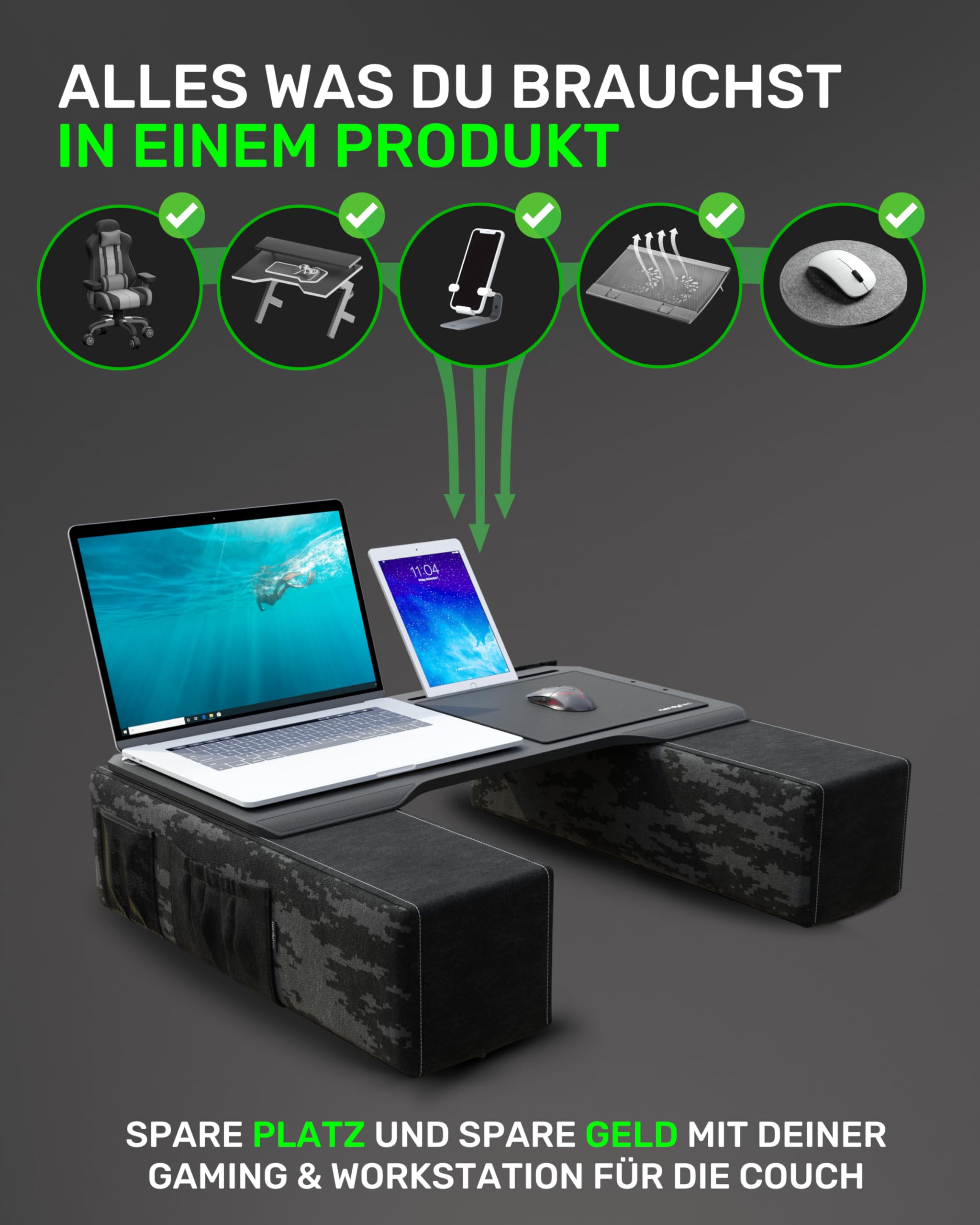 Couchmaster CYBOT, ergonomischer Laptoptisch für Couch, Sofa und Bett, extra breiter Laptop Tisch für Notebooks oder Wireless Peripherie