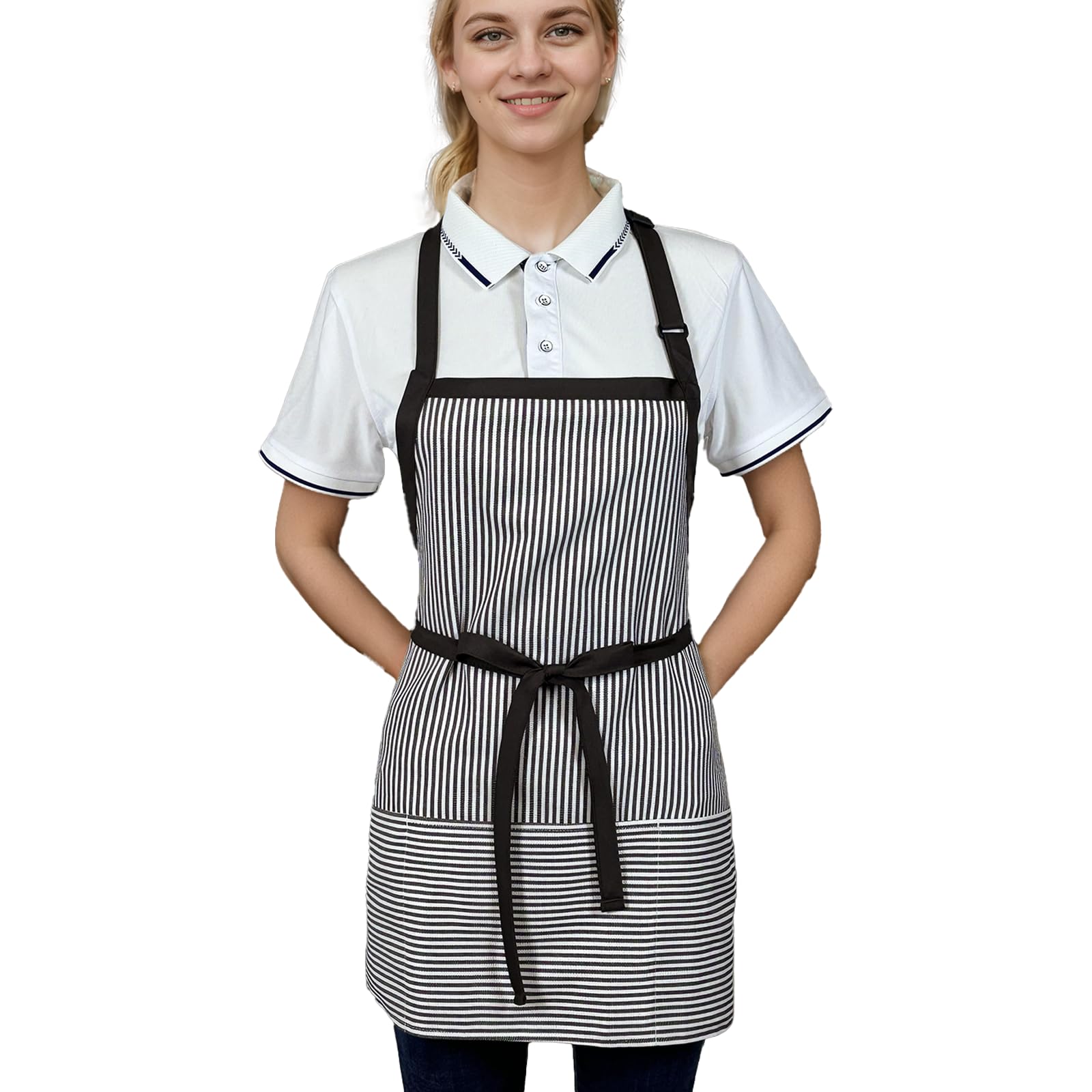 Delantal de cocina con 3 bolsillos, delantal ajustable para servidor, delantal de chef para hombres y mujeres (rayas negras y marrones)