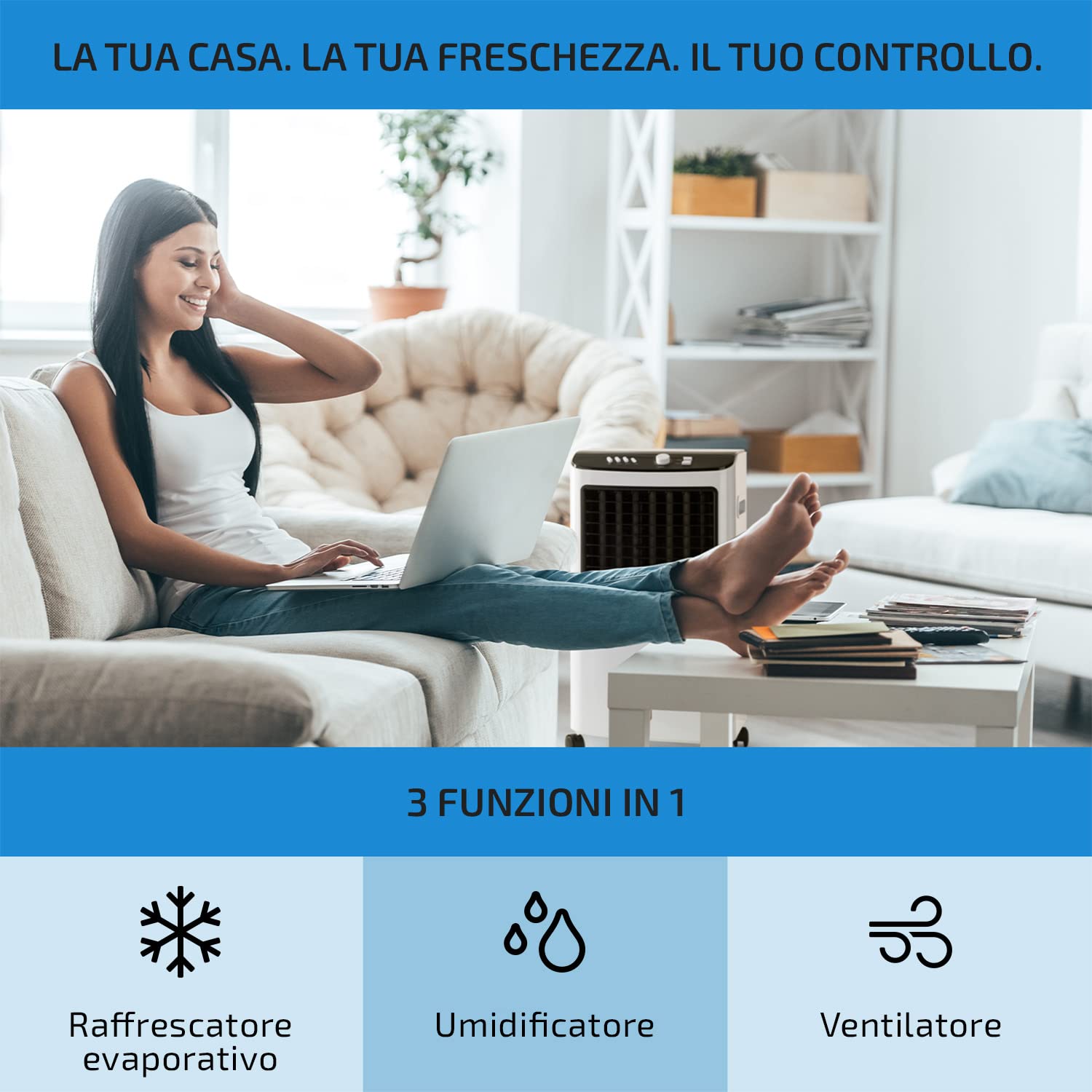 OneConcept Condizionatore Portatile Senza Tubo 65W 3 in 1, Umidificatore, Climatizzatore Portatile Silenzioso, Ventilatore Aria Fredda, Raffrescatore d’Aria 360m³/h, Serbatoio da 7L, Timer 2 Ore