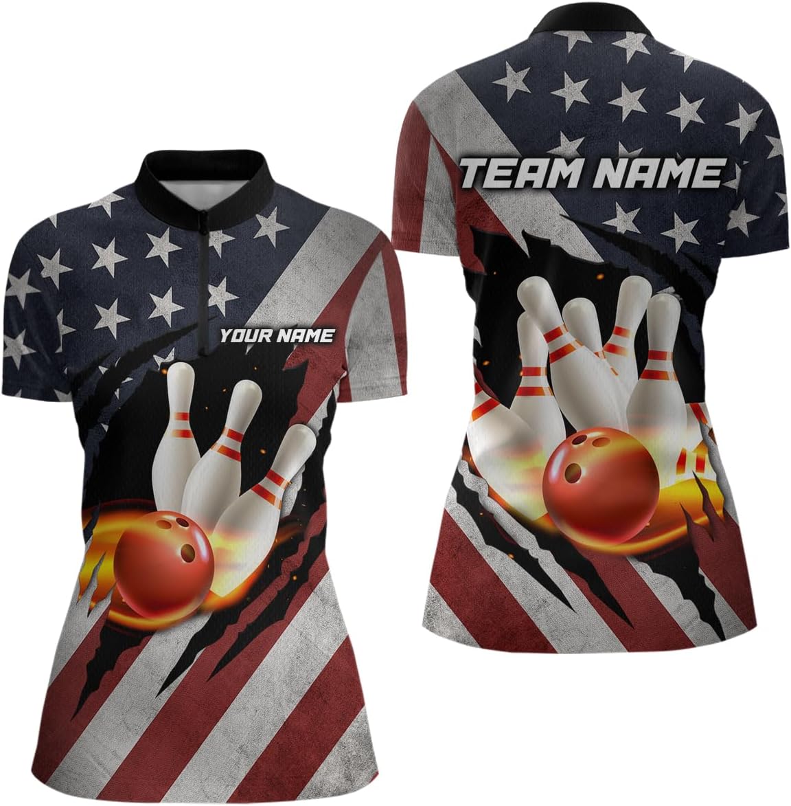 American Flag Bowling Shirts Custom Patriotic Bowling Jersey Bowl Polo Shirt for Men Women's Bowling 1/4 Zip Shirt