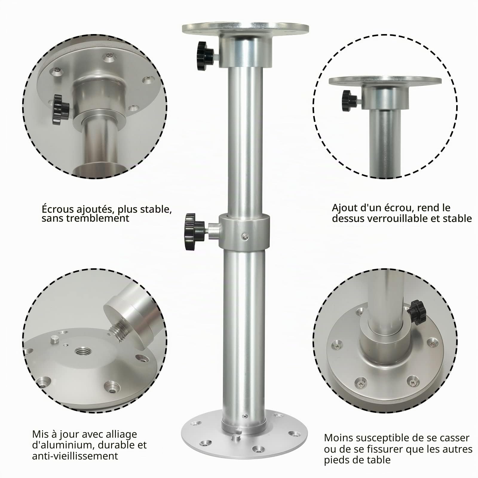 Pied de table réglable, pied support de table réagable 450-690 mm rotatif à 360 °, RV télescopique amovible pour caravane/camping car/caravane/yacht/camping/bateau/auvent/balcon/famille