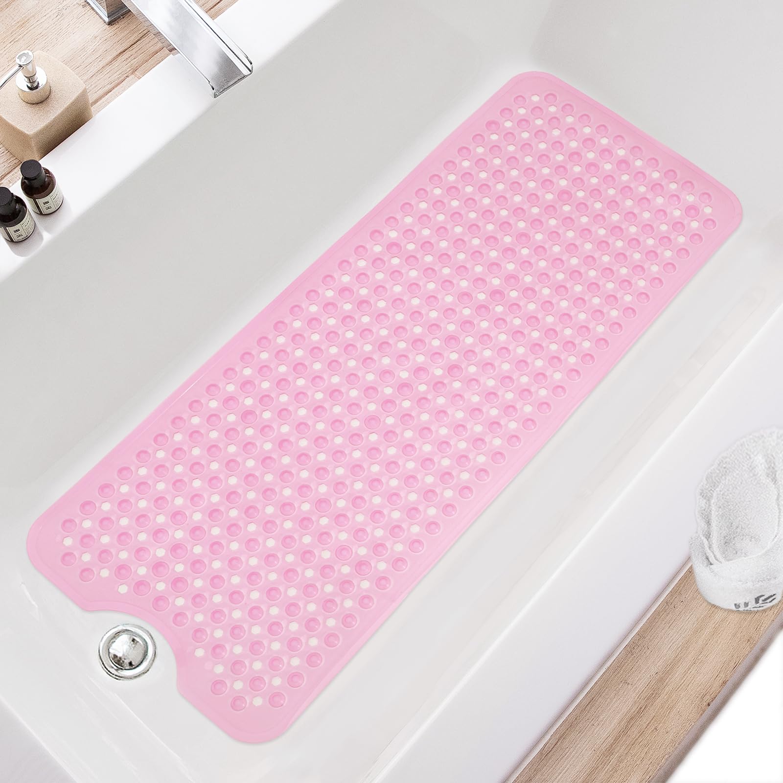 TEESHLY Bath Tub and Shower Mats, Non Slip 40 x 16 Inch Extra Large Bathtub Mat, Machine Washable Bathmat with Drain Holes, Suction Cups for Bathroom Floor (Pink (Translucent))