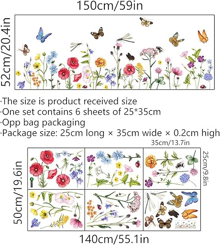 Miniatura 2 de 6 calcomanías de pared con flores, calcomanías de vinilo con flores, removibles, arte de pared floral, para despegar y pegar, decoración de pared de