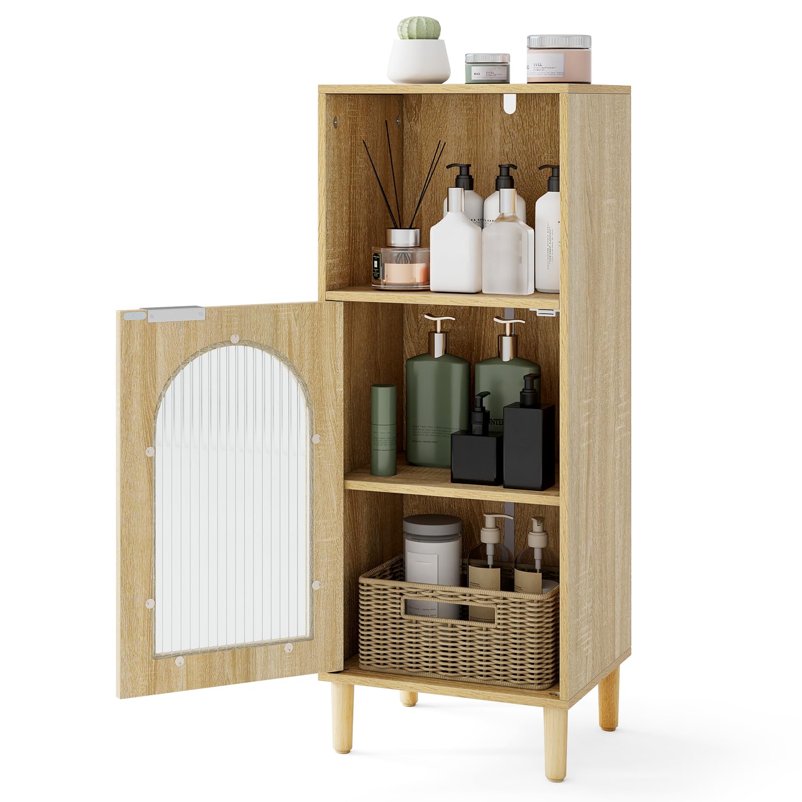 COSTWAY Bathroom Floor Cabinet, Freestanding Storage Cupboard with Tempered Glass Door & Adjustable Shelf, Solid Wood Legs Slim Bathroom Unit Cabinet for Living Room Hallway, 35x30x90cm (Natural)