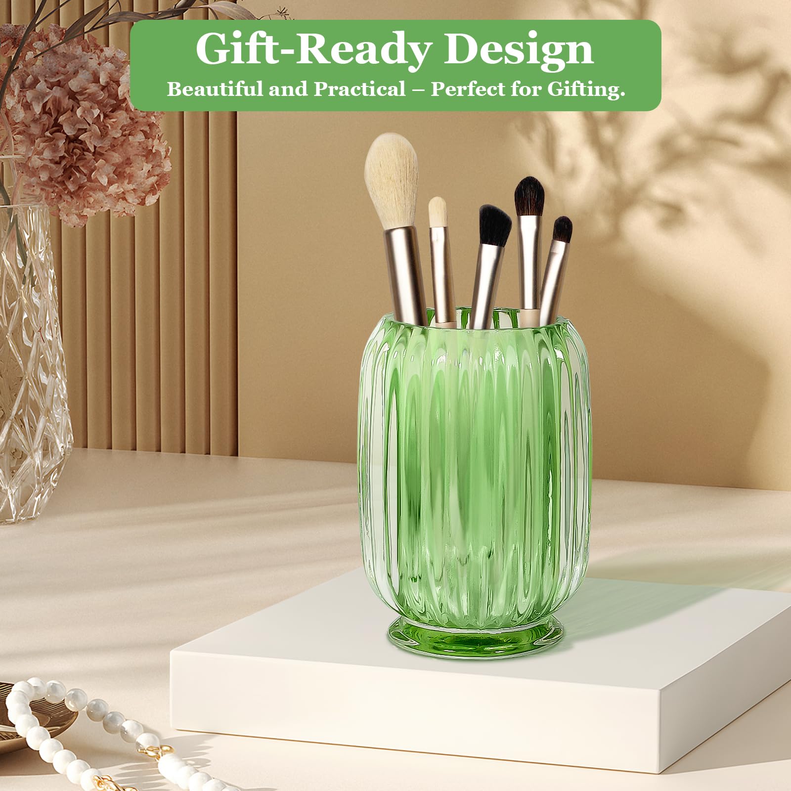 Porta pennelli da trucco, tazza organizer per pennelli da trucco in vetro spesso, altezza 12,2 cm, per pennelli da trucco per pennelli da trucco, organizer per brochas de maquillaje verde cristallo