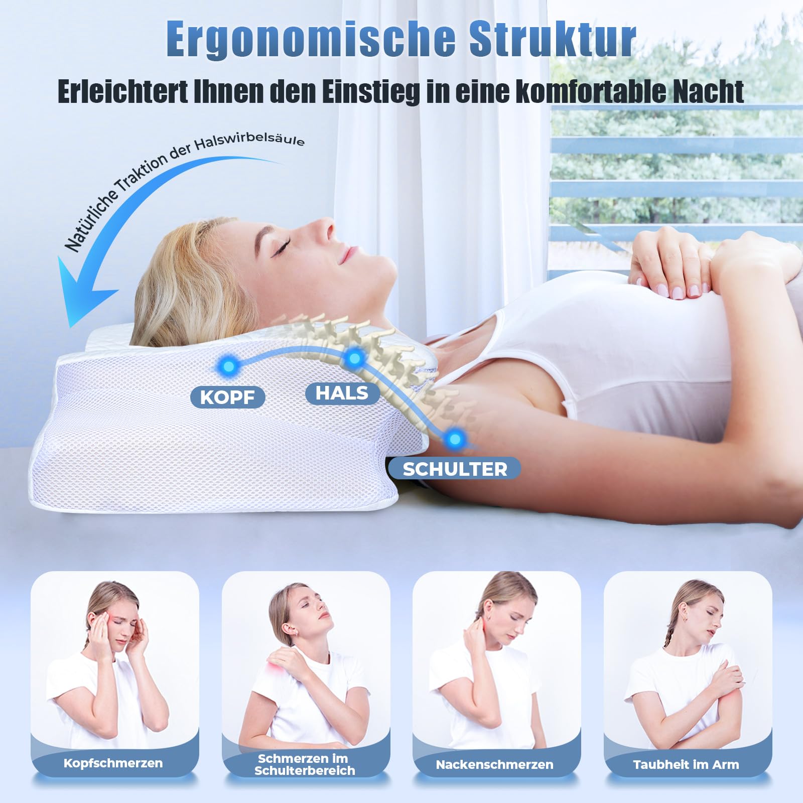 SAHEYER Cuscino cervicale, mal di collo, cuscino cervicale, per alleviare spalle e collo, cuscino ortopedico per schiena e chi dorme sul fianco, cuscino in memory foam con federa