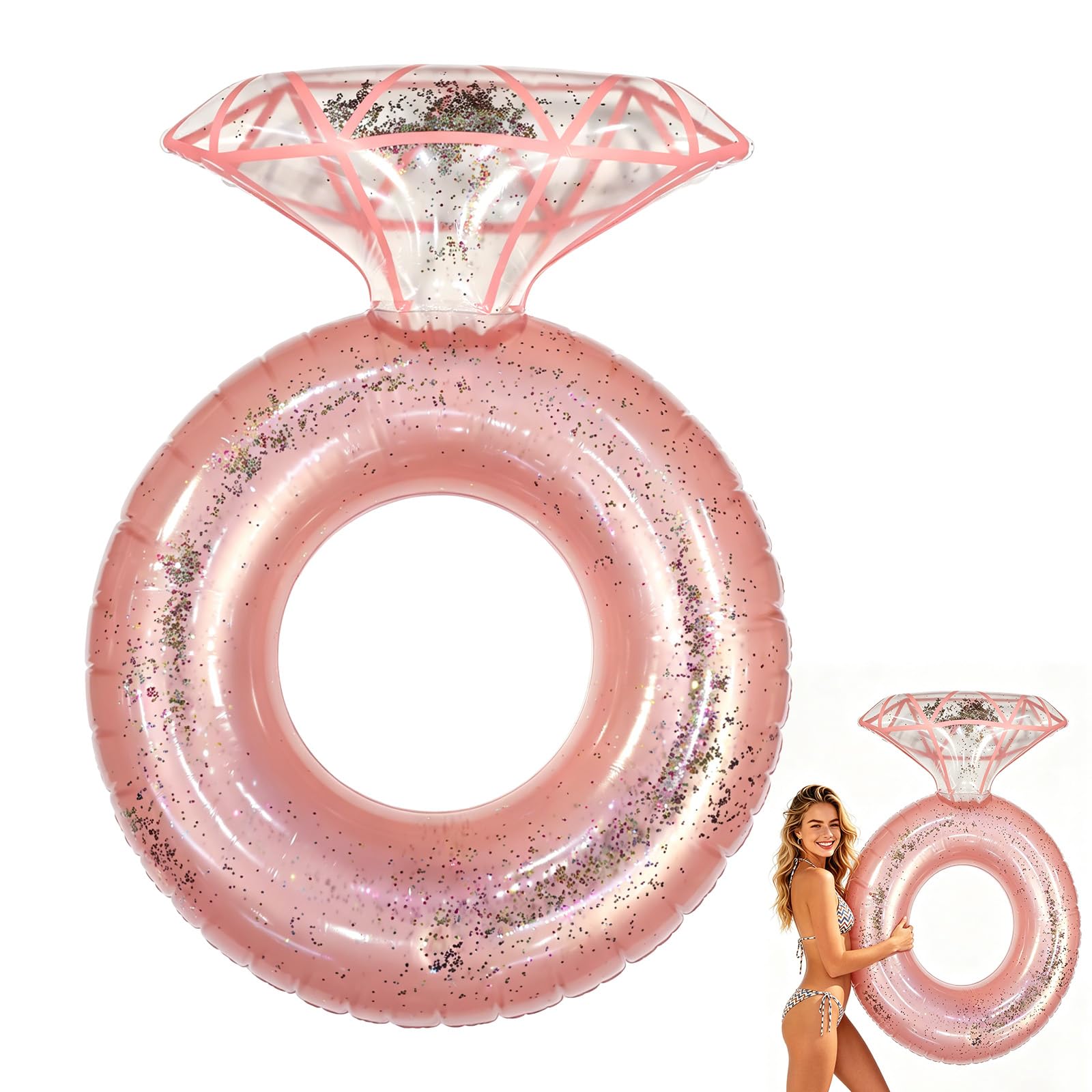 Fukaisu Diamond Pool Float, Glitter Diamond Ring Inflatable Pool Float Funny Engagement Party Decoration Supplies Suitable for Party Favor Photo Props (Pink)