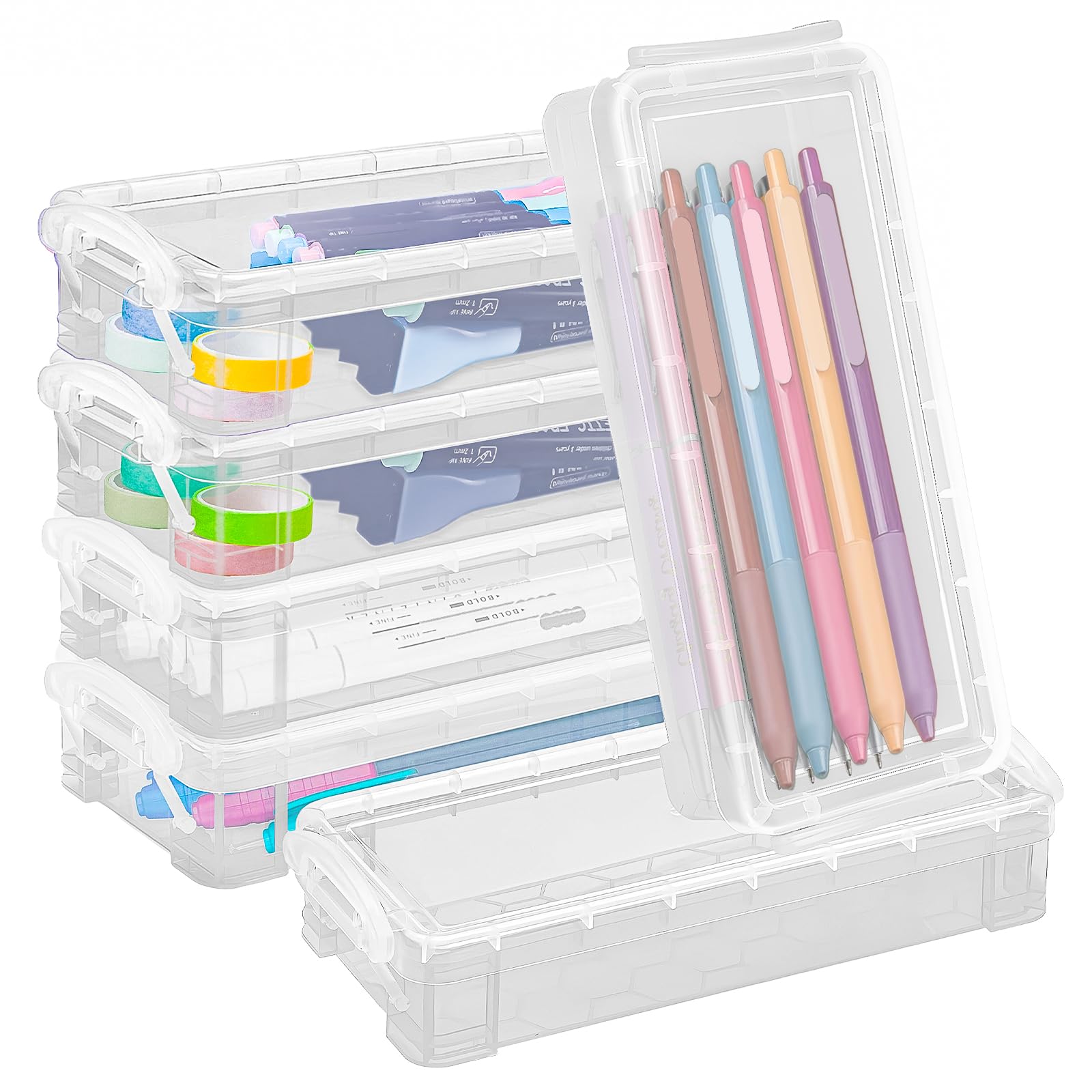 DARUITE Pencil Box, 6 Pack Large Capacity Pencil Case with Snap-Tight Lid, Stackable Plastic Pen Holder for Desk, Stationary Organiser for Office, Home, White