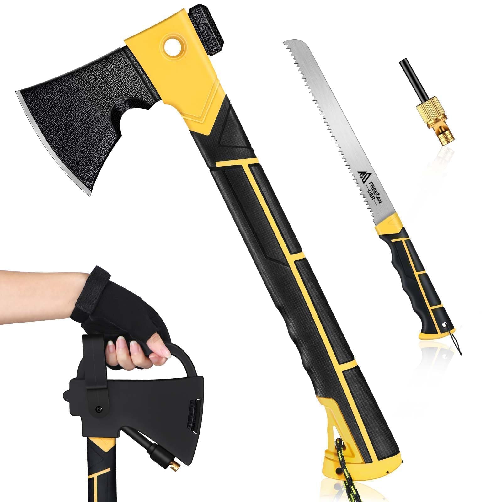 Freelander Camping Hatchet and Survival Axe, 6-in-1 Multitool Camping Axe with Saw, Flintstone Whistle, Hammer, Forged Carbon Steel Heat Small Axe for Splitting Wood, Kindling, Survival with Sheath