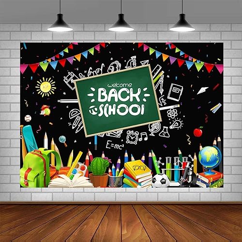 Miniatura 2 de Telón de fondo de bienvenida de regreso a la escuela, primer día de jardín de infantes, fondo negro para fotografía de profesores y estudiantes,