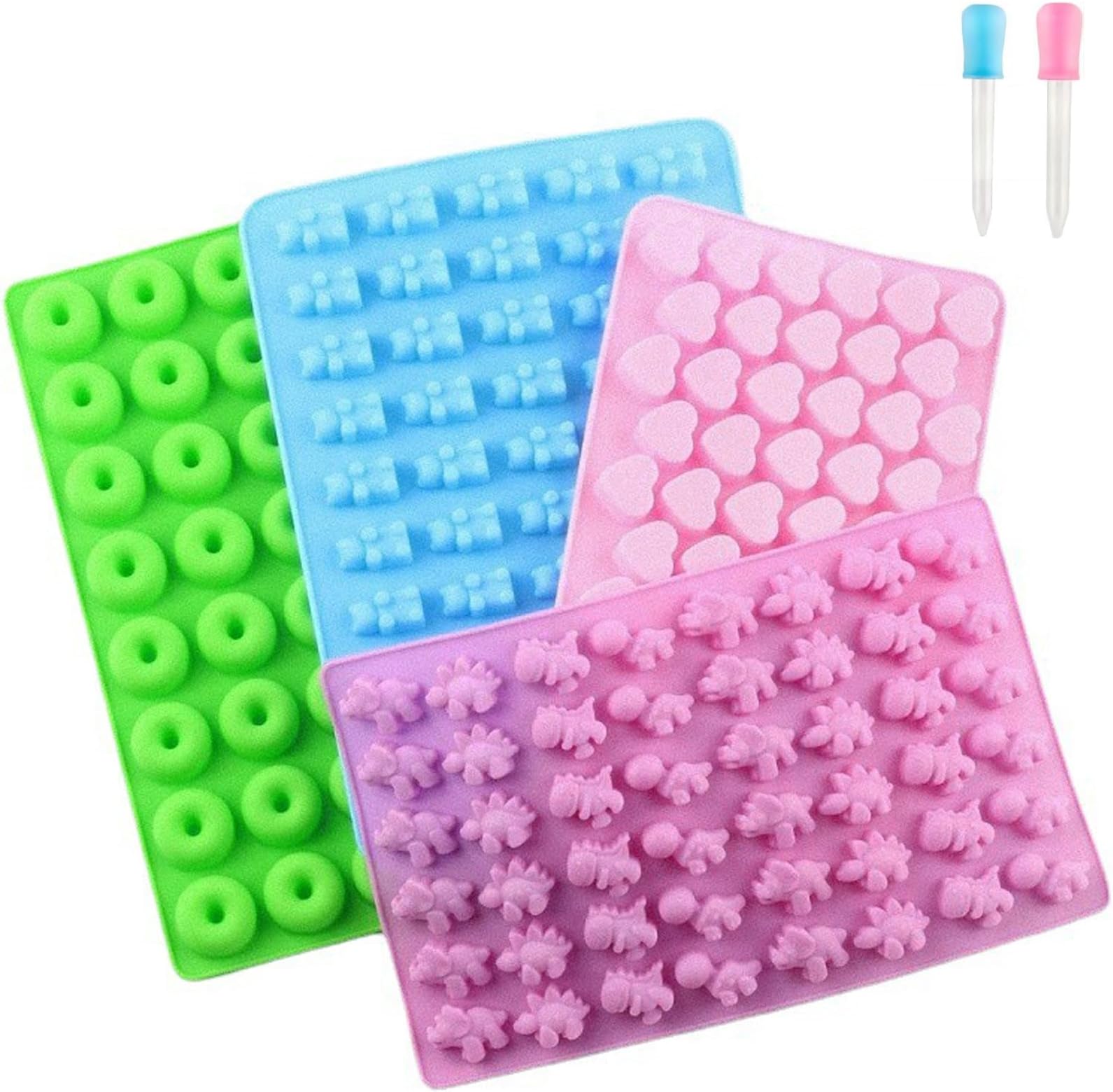 Silicone Gummy Bear Candy Molds 4 Pack, Including Bear Shape and Mini Donut, Non-Stick Silicone Candy Molds with 2 Droppers for Jelly, Candy, Chocolate