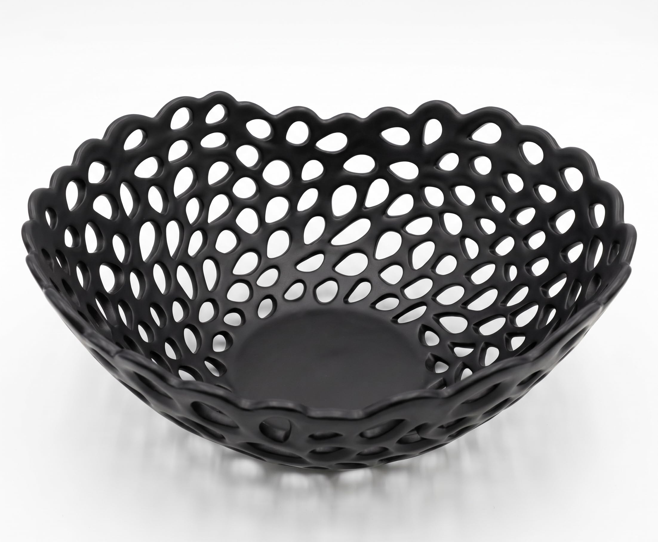 DEENZ Round Fruit Bowl Net Design Kitchen Countertop Dining Table Matt Ceramic Home Décor Storage Display Geometric Basket 28x26x13Cm (Black)