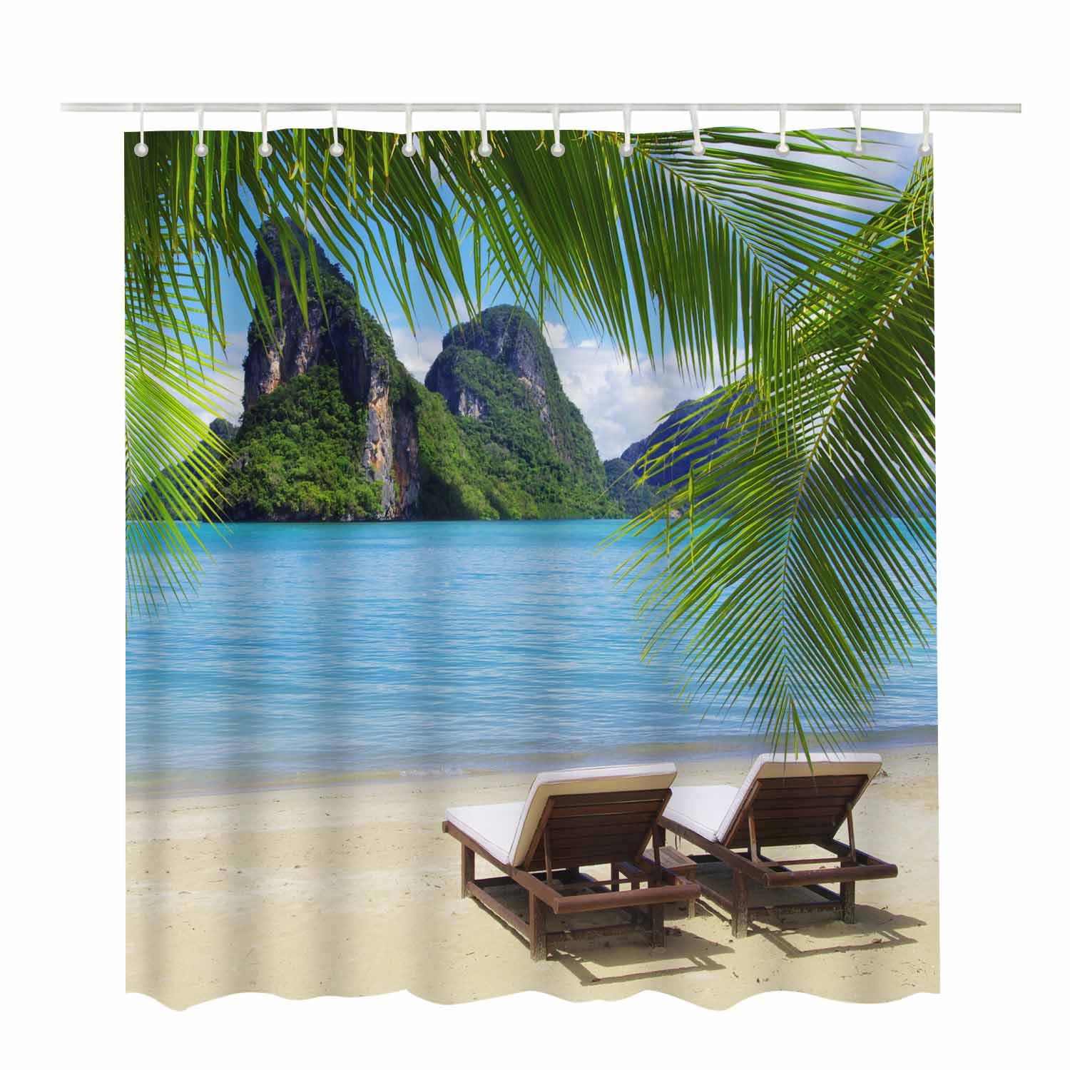 Woutay Shower Curtain Mould Proof Resistant Summer Sea Beach,Water Repellant Fabric,Polyester,with 12 Plastic Hooks - Image 2
