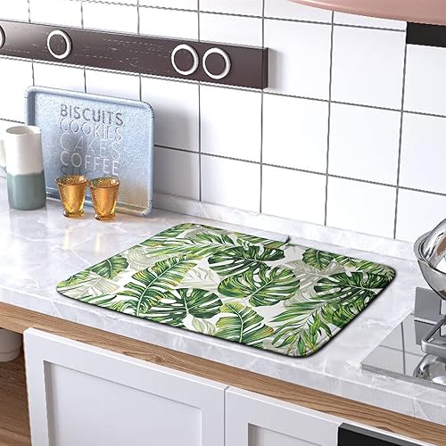 Vista 5 de Tapete de secado de platos con hojas de palma tropicales para encimera de cocina, 18 x 24 pulgadas, tapete de secado de cocina Monstera verde