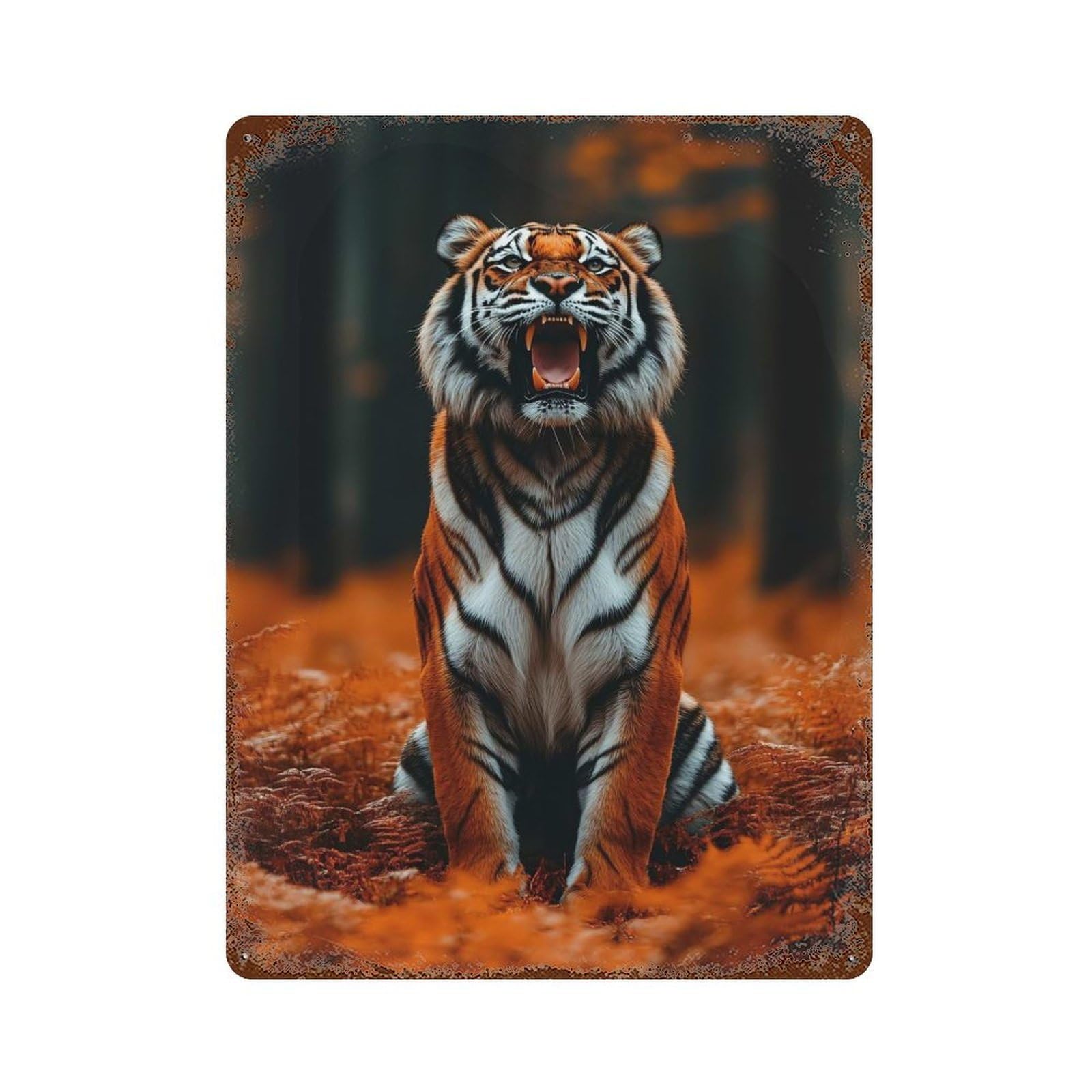 Decorative Tin Sign with Roaring Tiger in Autumn Forest Design 15.7"x11.8", for Farmhouse, Kitchen And Entryway Decor, Old School Wall Decor
