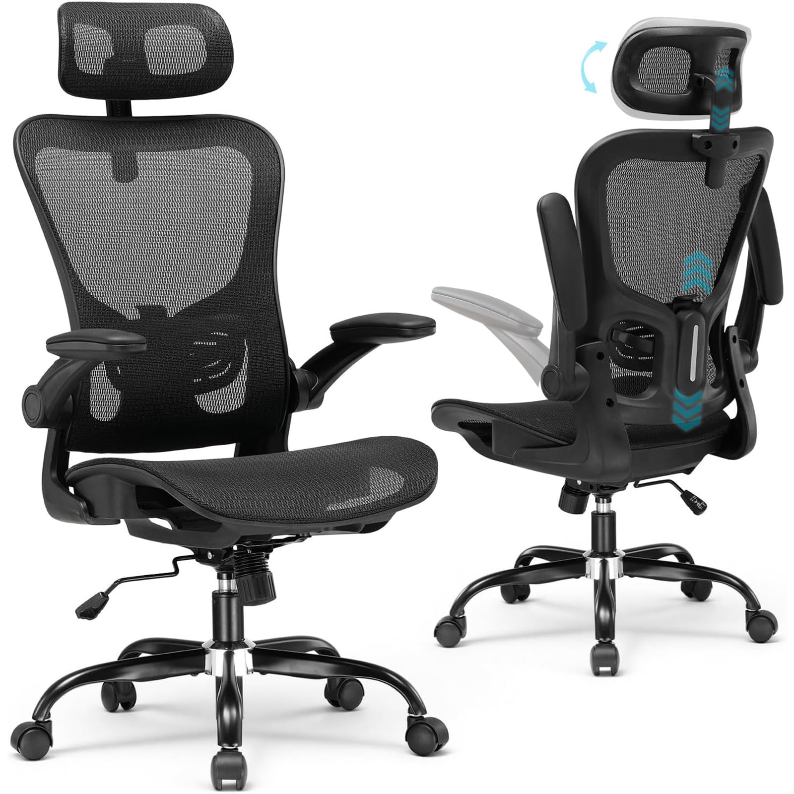 GTPLAYER Bürostuhl Ergonomisch, Schreibtischstuhl mit Verstellbarer Kopfstütze, Armlehnen, Lendenwirbelstütze, Büro Stuhl & Gaming Stuhl Wippfunktion, Chefsessel aus Mesh, 150kg(Schwarz)