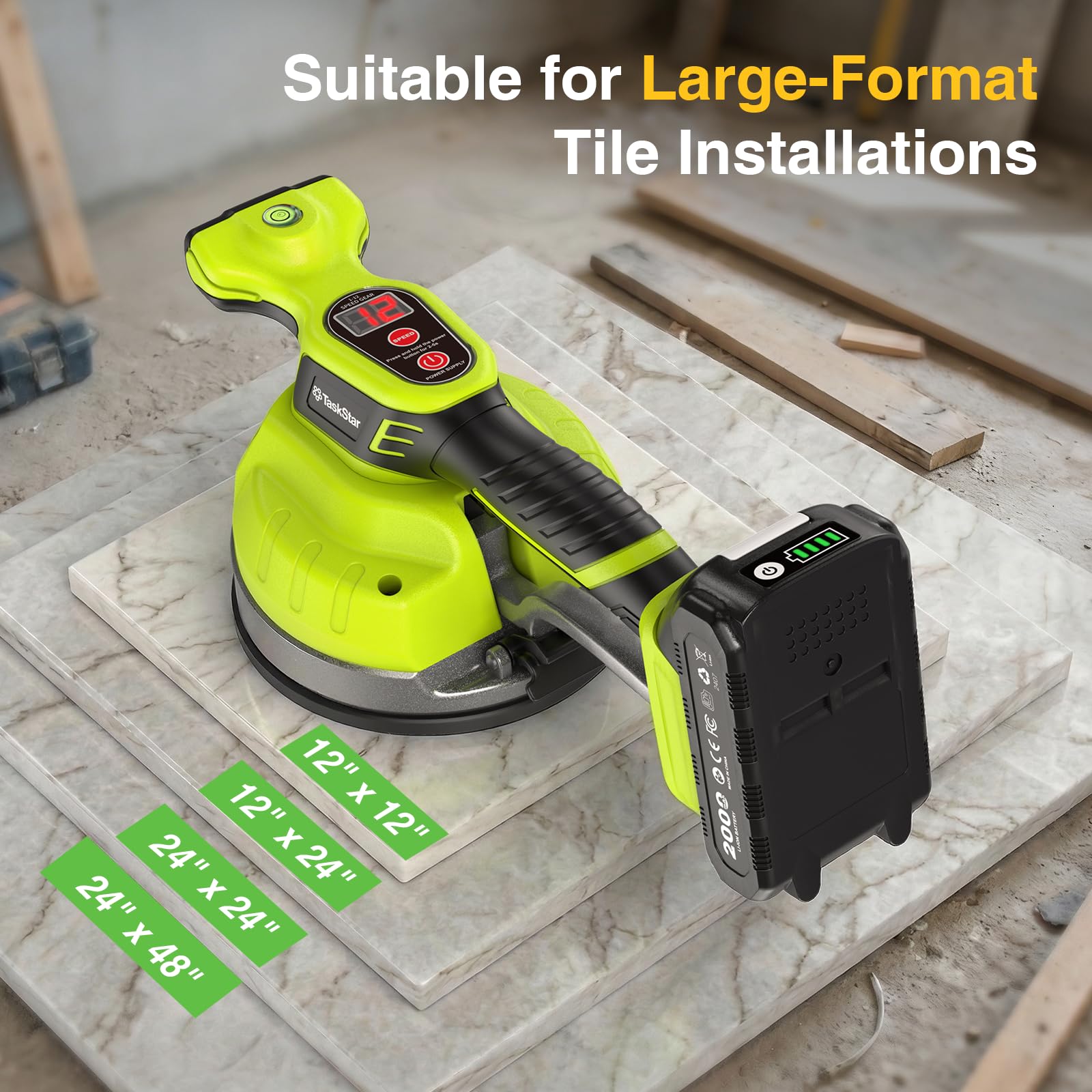 Taskstar Vibratore per piastrelle, compatibile con batteria Makita 18V, ventosa 160 mm (113 kg), 26.000 giri/min, 12 velocità, per piastrelle grandi fino a 122 cm, attrezzo installazione professionale