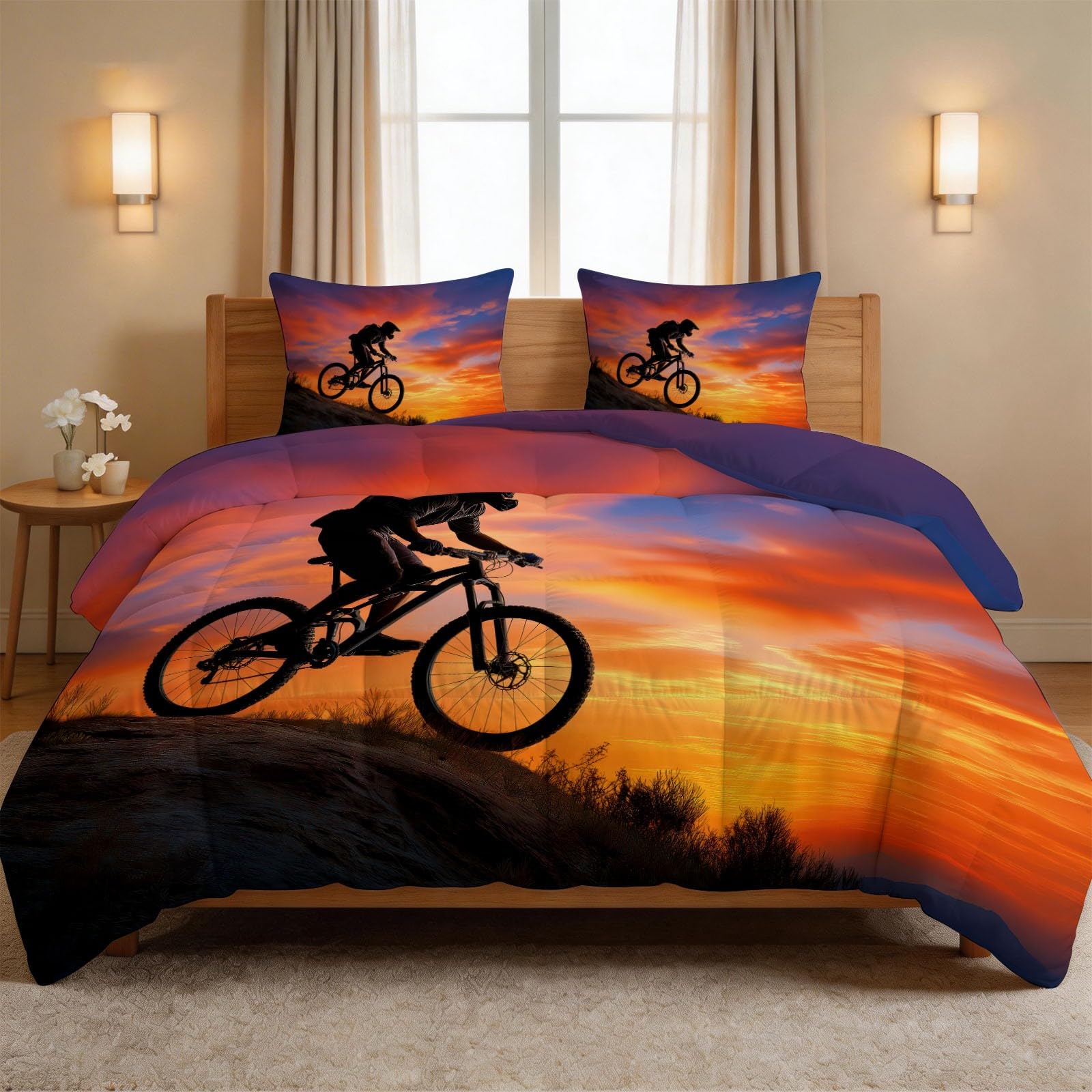 Generisch Piumino da 200 x 200 cm, motivo foresta, tramonto e bicicletta, utilizzabile per 4 stagioni, senza rivestimento, soffice e morbido, per fotografia, ciclismo, lavabile, con federa