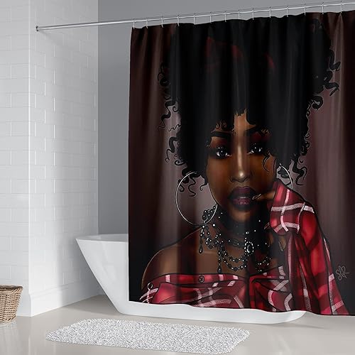 Miniatura 2 de DDS-DUDES Juego de 4 cortinas de ducha negras para niñas, cortinas de ducha impermeables para mujeres afroamericanas para baño con alfombras