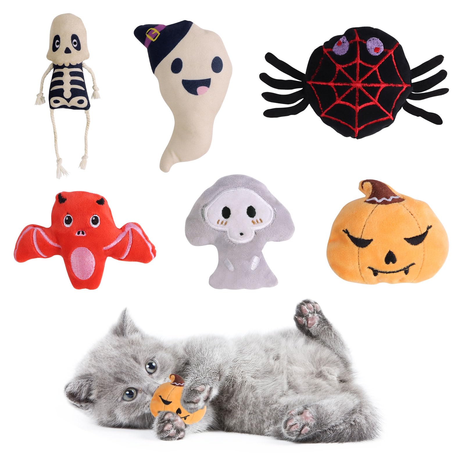 FOIMAS Halloween Catnip Toys,Pumpkin Ghost Catnip Toy Chew Bite Plush Toy for Cat Interactive, Pack of 6
