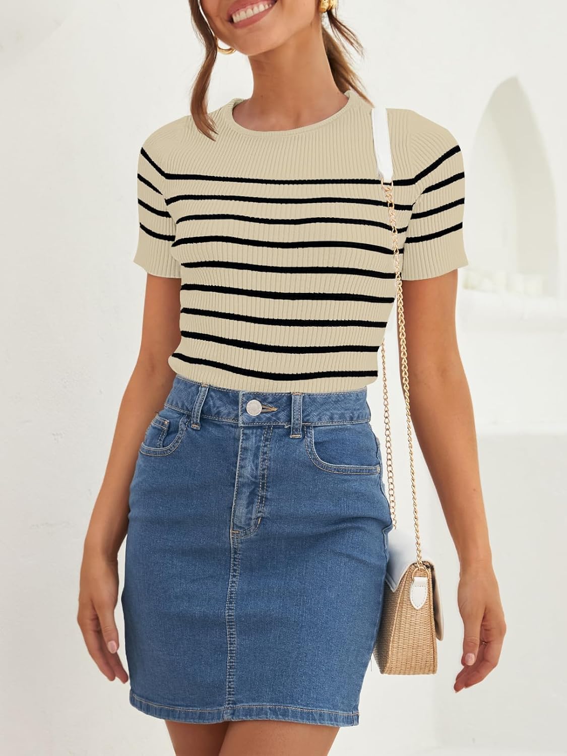 ZESICA Women's Short Sleeve Crewneck Striped T Shirt 2026 Summer Ribbed Knit Slim Fit Casual Basic Tee Tops - Image 2