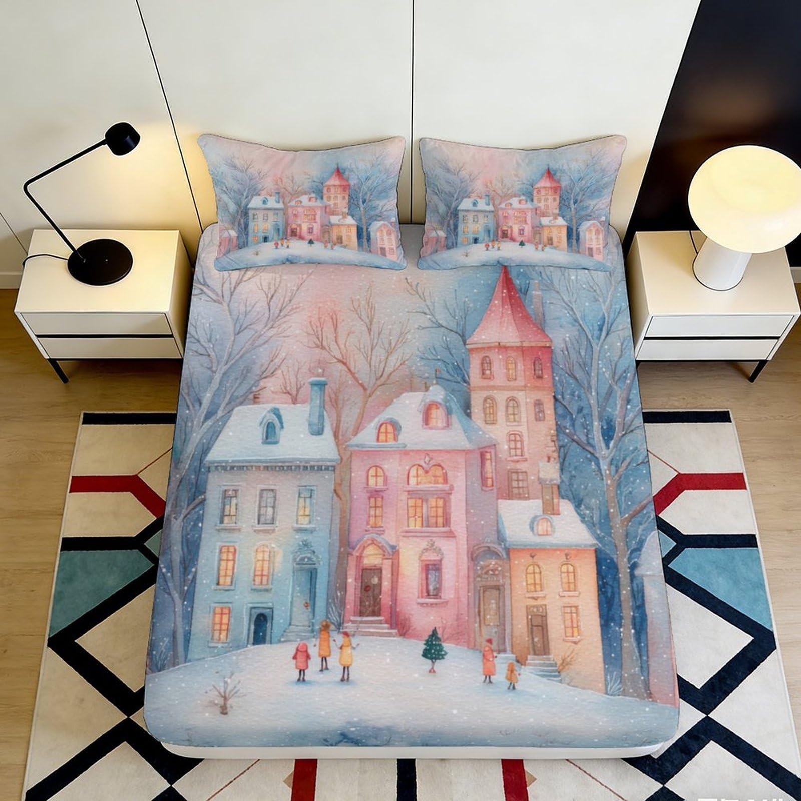 Pnayamiorkfel Style-9 3D Printed Winter Village Fitted Sheet Microfiber Soft Pastel Town Mattress Cover For Bedroom Guest Room Decor 90X200x25cm