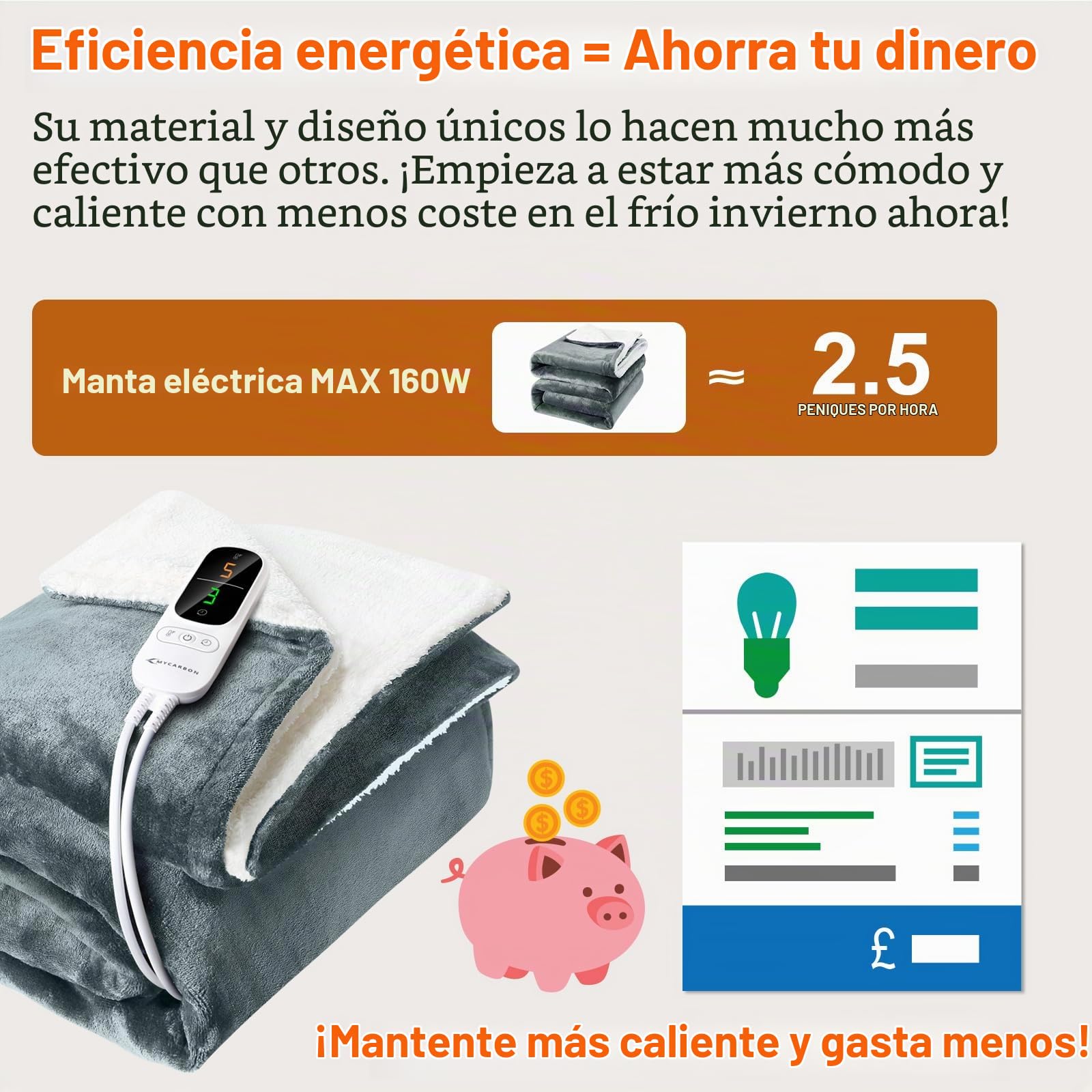 MYCARBON Manta Eléctrica 180 x 160 cm con 6 Temperaturas de 30°C a 45°C | Timer 1-9 h, Manta Térmica de Bajo Consumo para Doubles, Sofá, Cama, Oficina, con Controlador LED, Lavable (Gris Claro)
