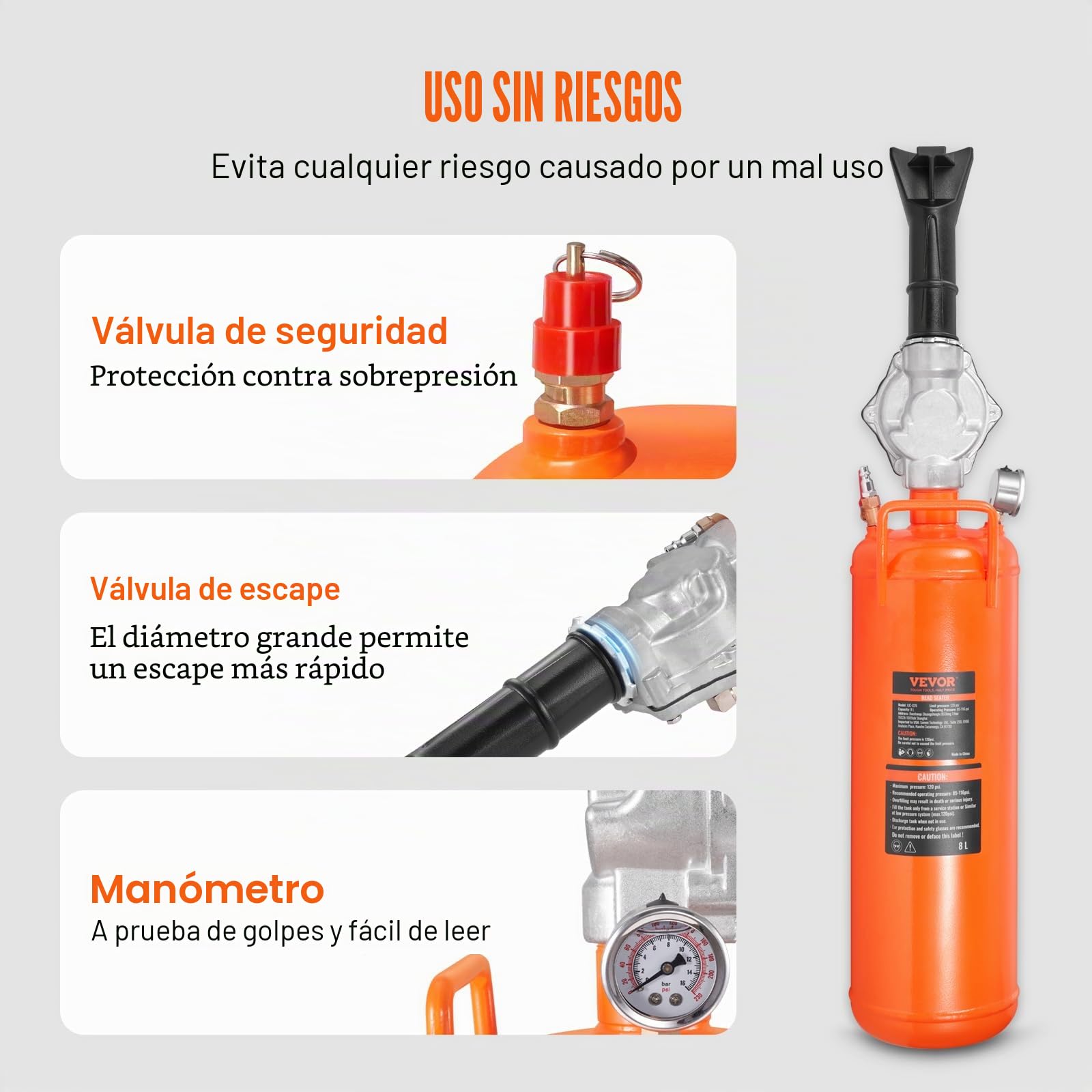VEVOR Inflador de neumáticos de cañón de aire de 8 L, compresor de aire portátil de 120 PSI, presión de trabajo de 85-116 PSI para tractor, camión, ATV, coche y taller de reparación de automóviles