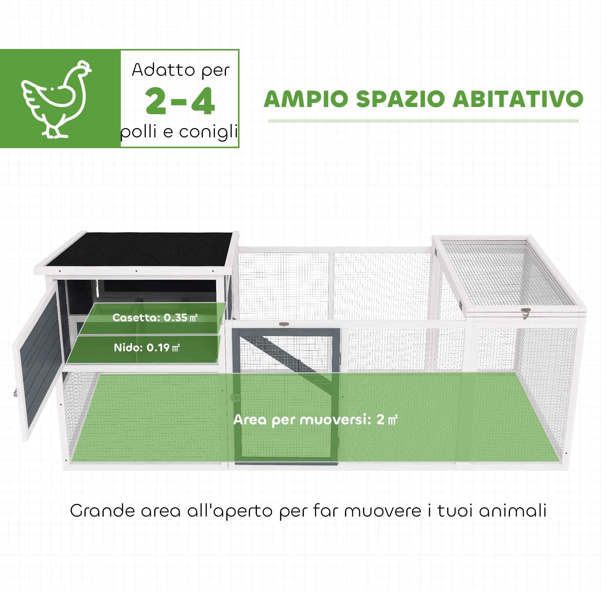 PawHut Pollaio per Galline Ovaiole Esterno con Casetta, Nido per Cova, Tetto Impermeabile Apribile, Vassoio Estraibile, Porte, Gabbia Recinto per 2-4 Galline Conigli in Legno, 214x101x91.5cm, Grigio