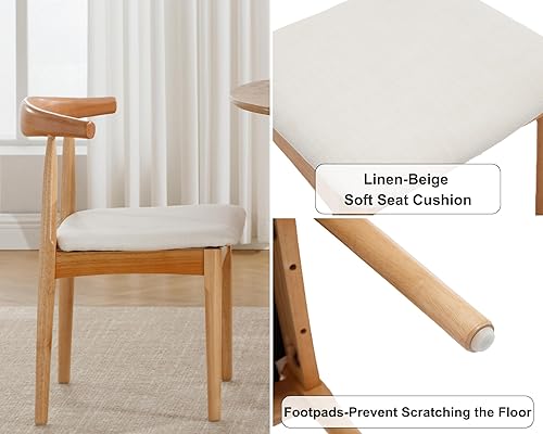 Miniatura 6 de VESCASA Juego de 2 sillas de comedor modernas de mediados de siglo, sillas de comedor tapizadas de lino beige, sillas de comedor de madera natural