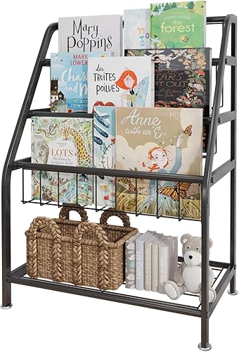 Estantería para niños independiente para habitación de niños, estantería de metal negro de 18 pulgadas, organizador de juguetes de gran capacidad,
