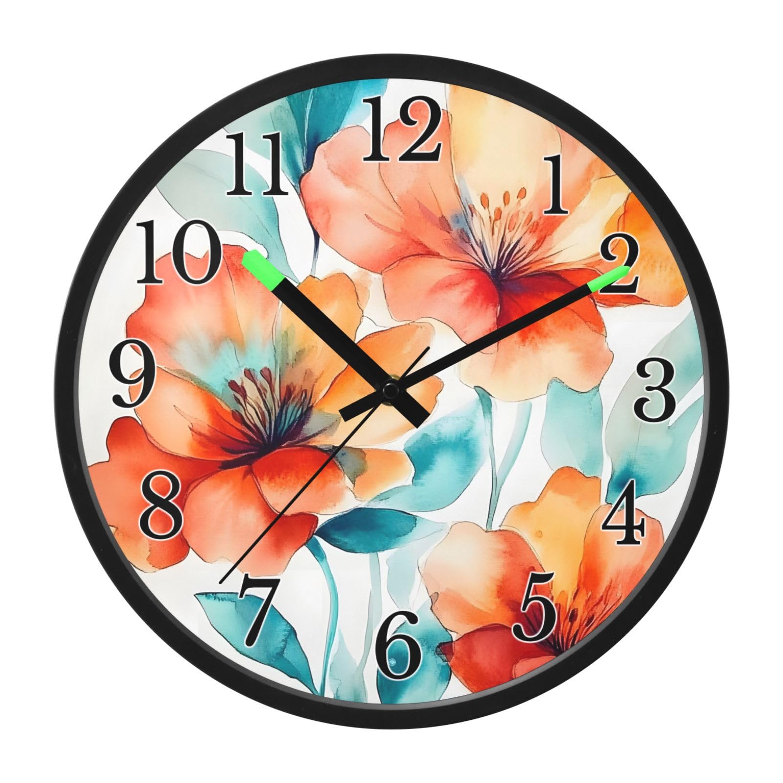 Mnsruu Reloj de pared luminoso con diseño de amapola naranja floral, reloj de pared que brilla en la oscuridad, funciona con pilas, 12 pulgadas, silencioso, sin tictac, luz nocturna para dormitorio
