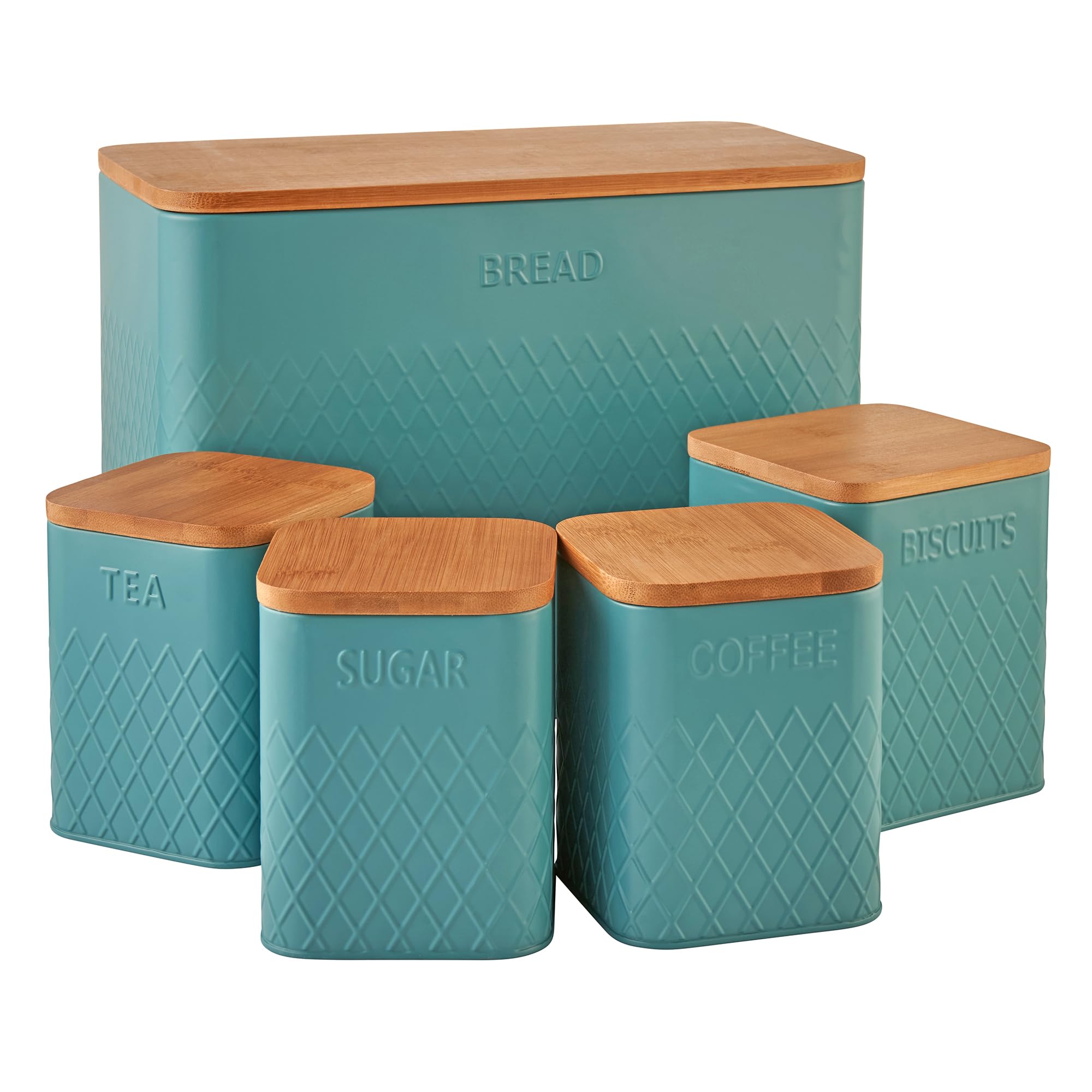 Cooks Professional 5-Piece Kitchen Storage Set - Teal, Blue - Stainless Steel with Bamboo Lids - Tea, Coffee, Sugar, Bread, Biscuits