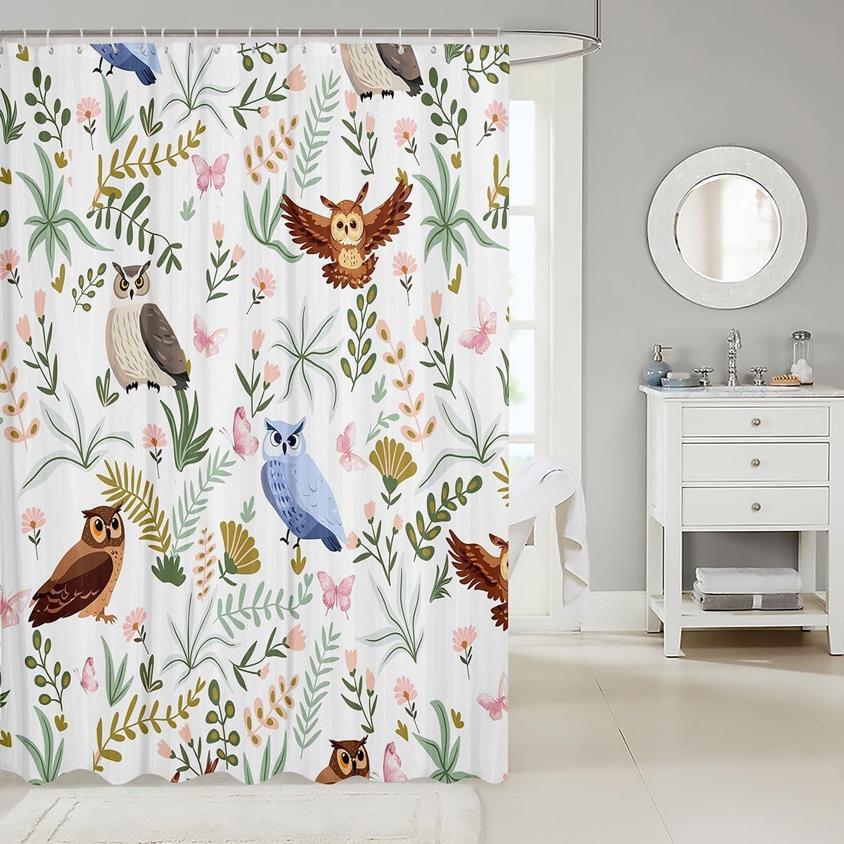 Cartoon Owl Shower Curtain with Hooks,Wild Animal Cute Blue Brown Owl Waterproof Bath Curtain,Kawaii Pink Butterfly Floral Leaves Bathroom Accessories Curtain Panel, 72Wx84L inch