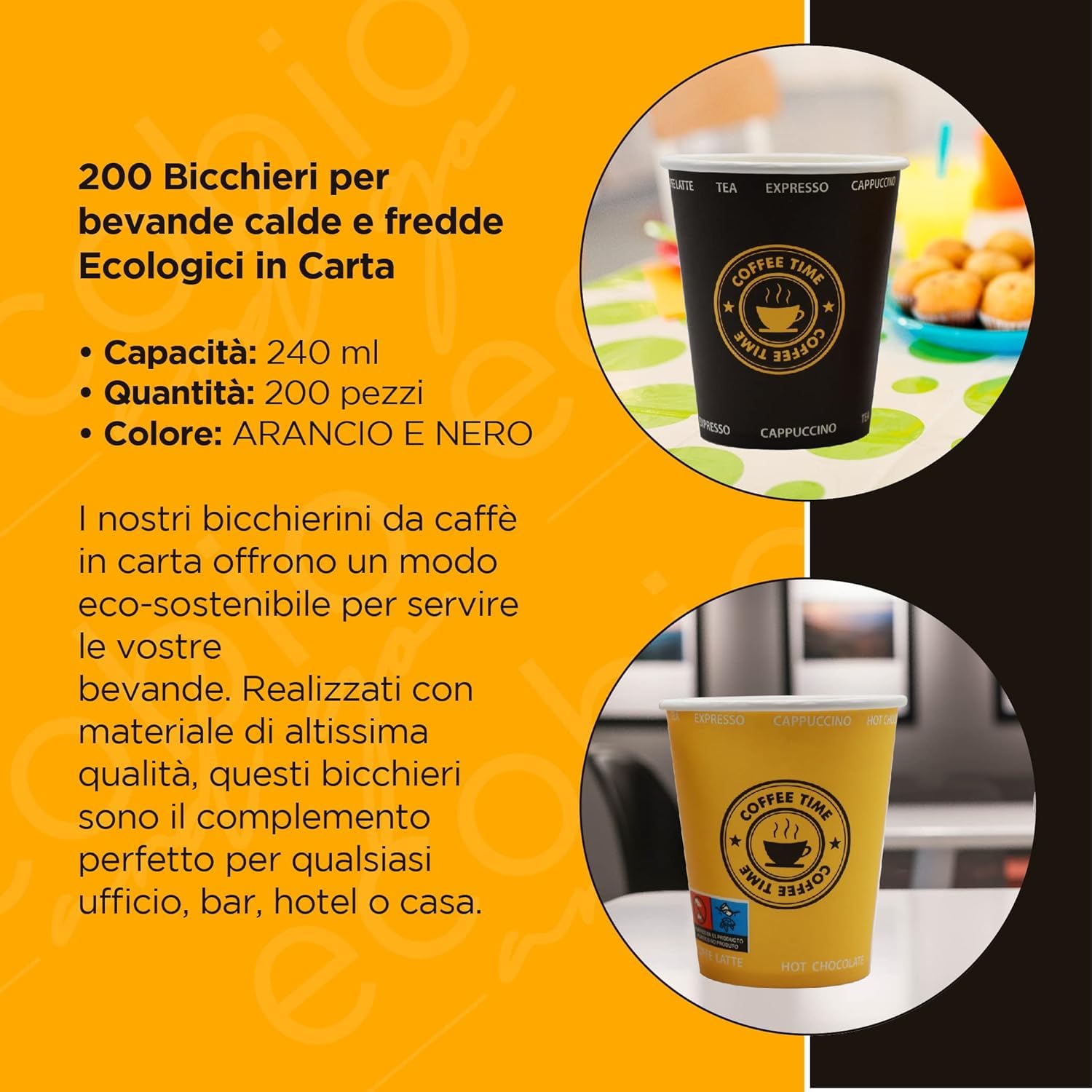 Ecobio and Go - 500 Bicchieri Acqua di Carta, 8oz (240ml), Biodegradabili e Compostabili, Perfetti per Bevande Calde e Fredde, Nessuna Plastica, Black Edition