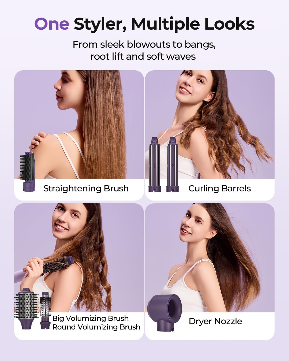 Funflow 6-in-1 Hair Dryer Brush with Premium Aluminum Body, 110,000 RPM High-Speed Air Styler with Auto-Wrap Curlers, 200 Million Negative Ions, for Drying, Curling, Smoothing & Volumizing