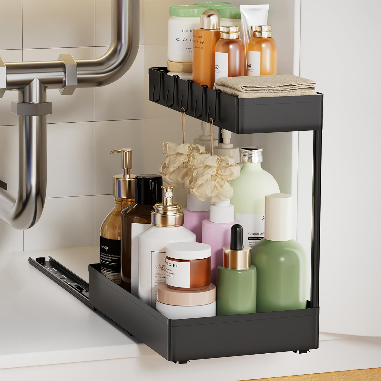 Creahaus Under Sink Storage with Metal Slides, 2-Tier Bathroom Kitchen Storage & Organisation, Under Sink Organiser for Cupboard, Kitchen Sink Organiser
