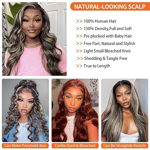 Miniatura 3 de Pelucas de cabello humano rubio con reflejos 1b27, 13x4, negro y rubio, pelucas de encaje frontal, pelucas de cabello humano balayage con cabello de