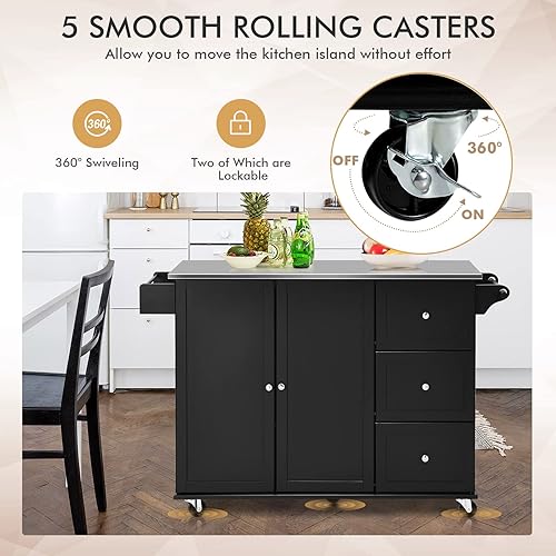 Miniatura 3 de GOFLAME Carrito de isla de cocina con parte superior de acero inoxidable, isla de cocina móvil rodante con almacenamiento y toallero, carrito de