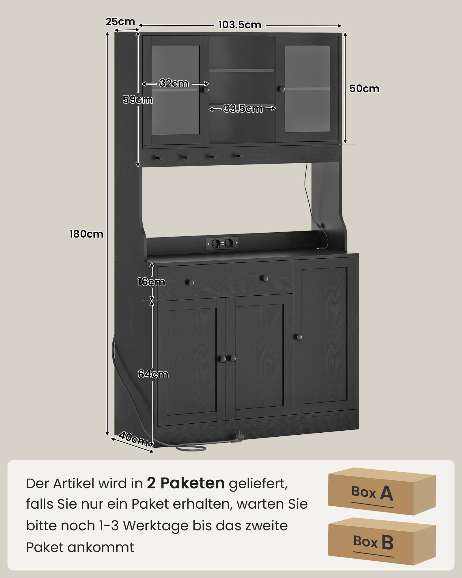 Küchenschrank mit Arbeitsplatte, Sideboard mit LED, Steckdose, Buffetschrank mit Schubladen, Verstellbaren Ablagen, Großer Stauraum, Küche, Wohnzimmer, Esszimmer, 103.5*40*180 cm, Schwarz