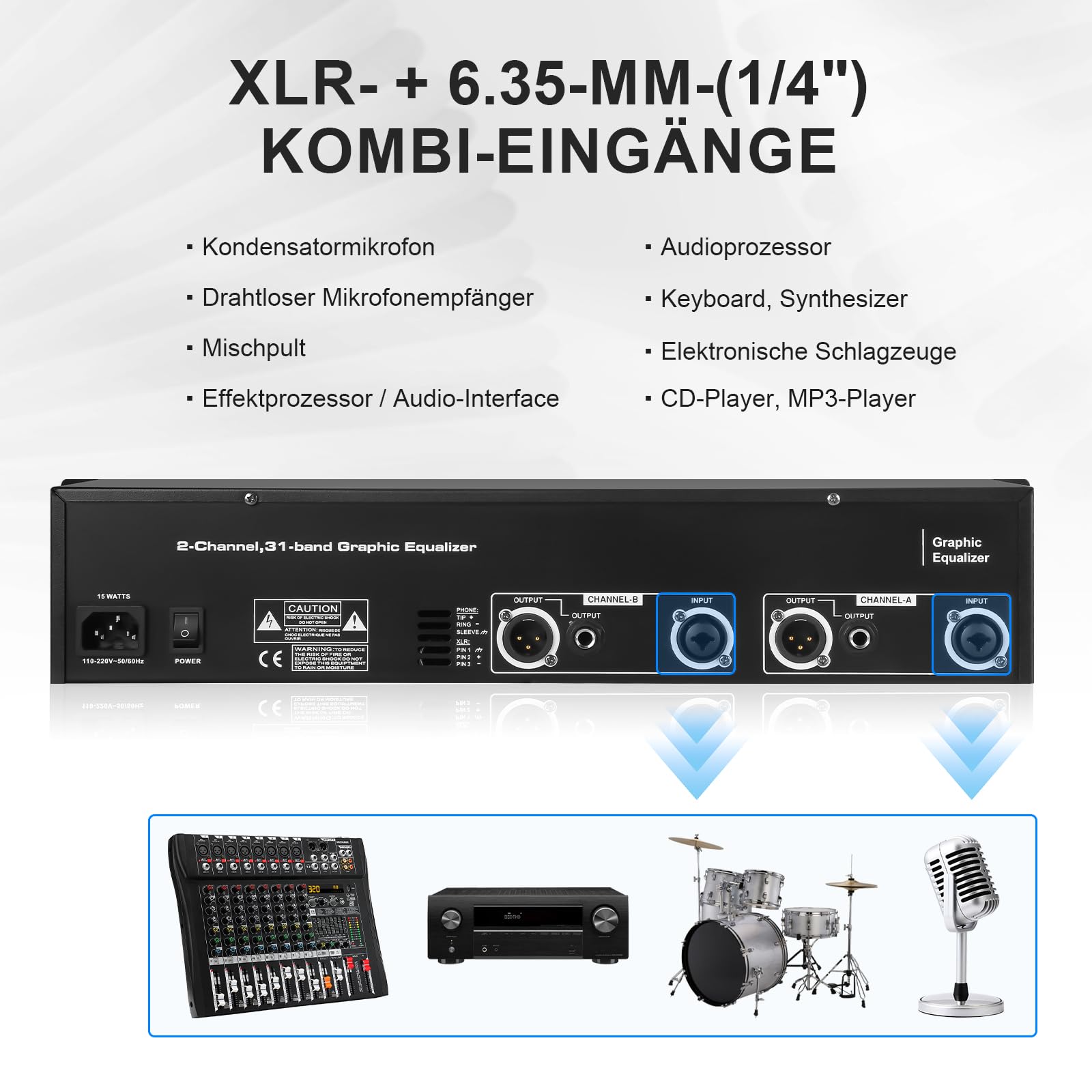 31-Band Stereo Equalizer, Dual Channel Grafik-Equalizer für Audioanlagen | Professionelle Klangsteuerung mit 31 Bändern pro Kanal, verbessert Klarheit und Balance für Live- und Heim-Audio