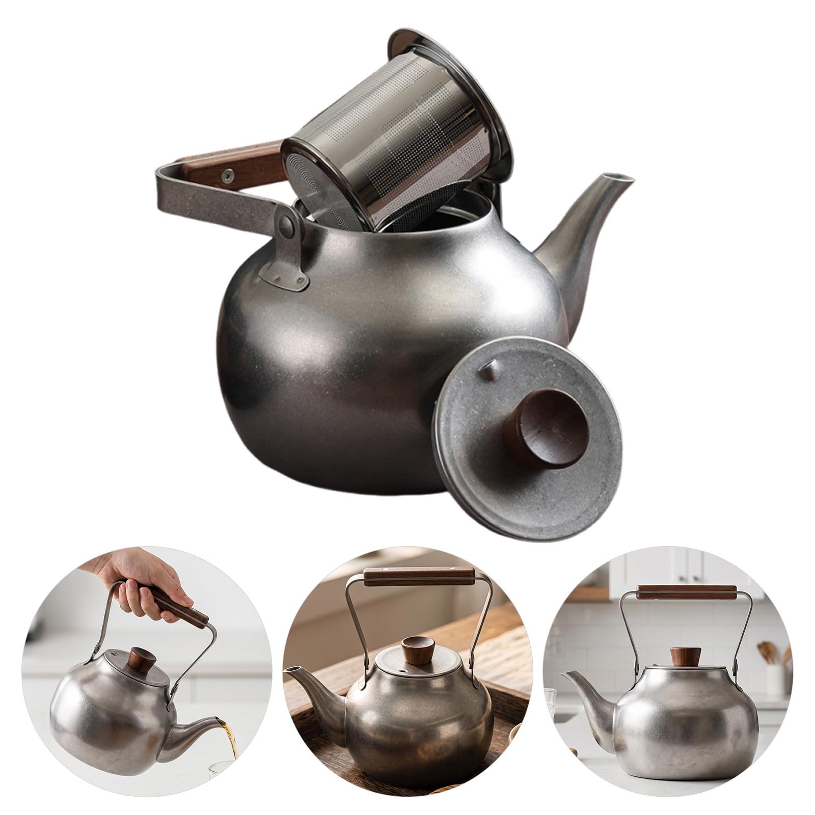 jojofuny Théière en Acier Inoxydable 1l avec Filtre Amovible, Chauffage Rapide et Uniforme, Facile à Nettoyer, pour Infusion de Thé à Domicile