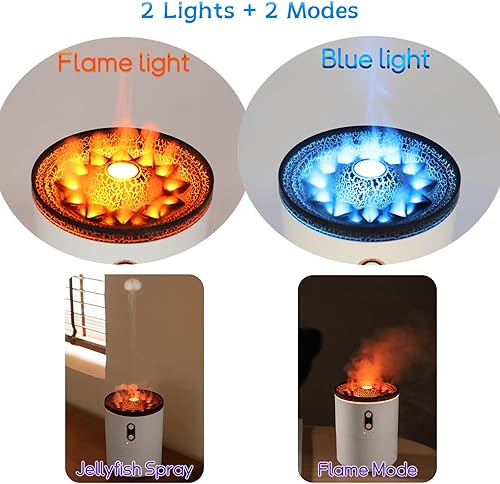 Miniatura 4 de Humidificador, humidificador de aire de niebla fría de escritorio USB de 16.9 fl oz con luz nocturna, difusor de volcán, medusas y llama, 2 modos de