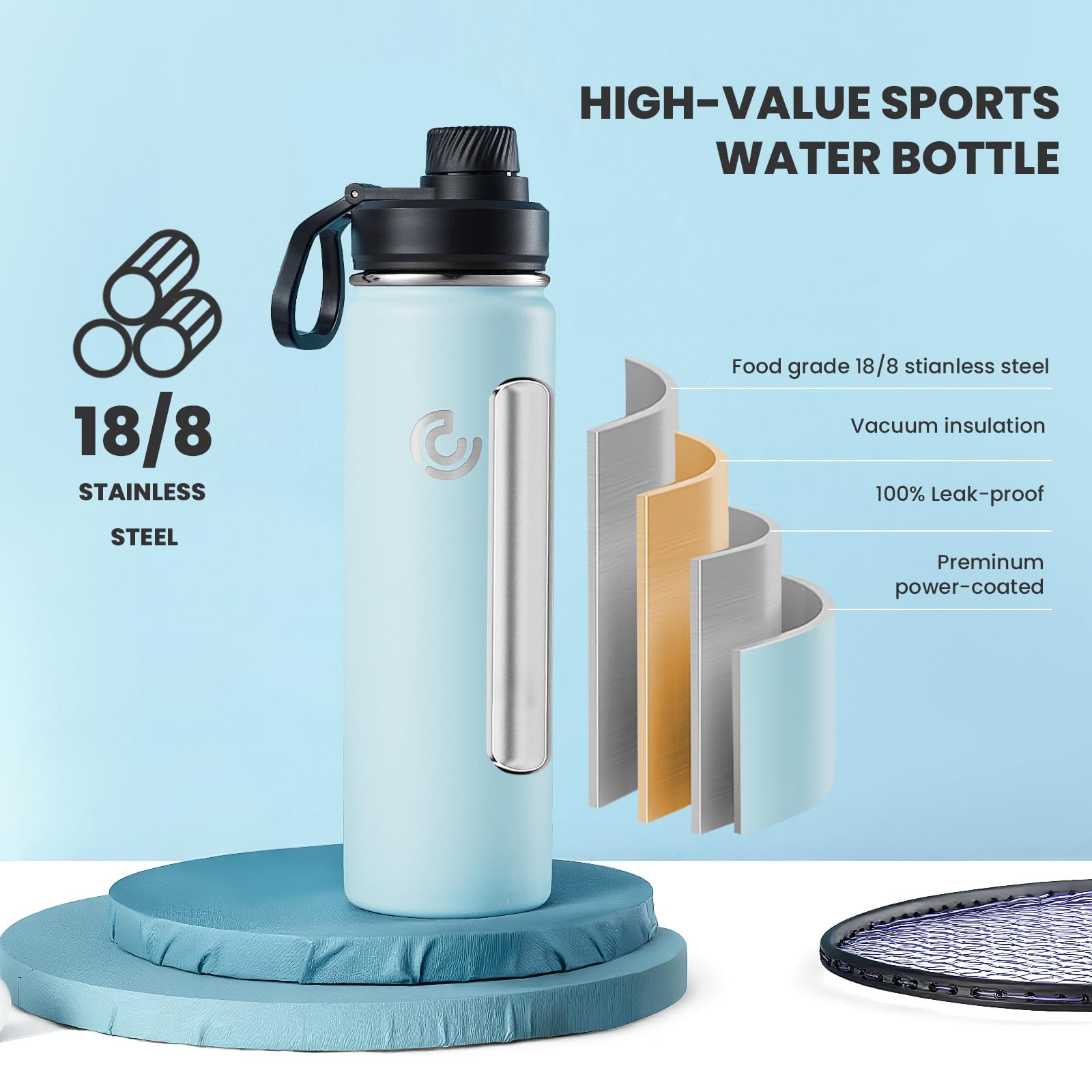 COKTIK Borraccia Termica In Acciaio Inox 32oz (907ml) Con 3 Coperchi E Cannuccia, Isolata, Tenuta Stagna, Cobalto - 6