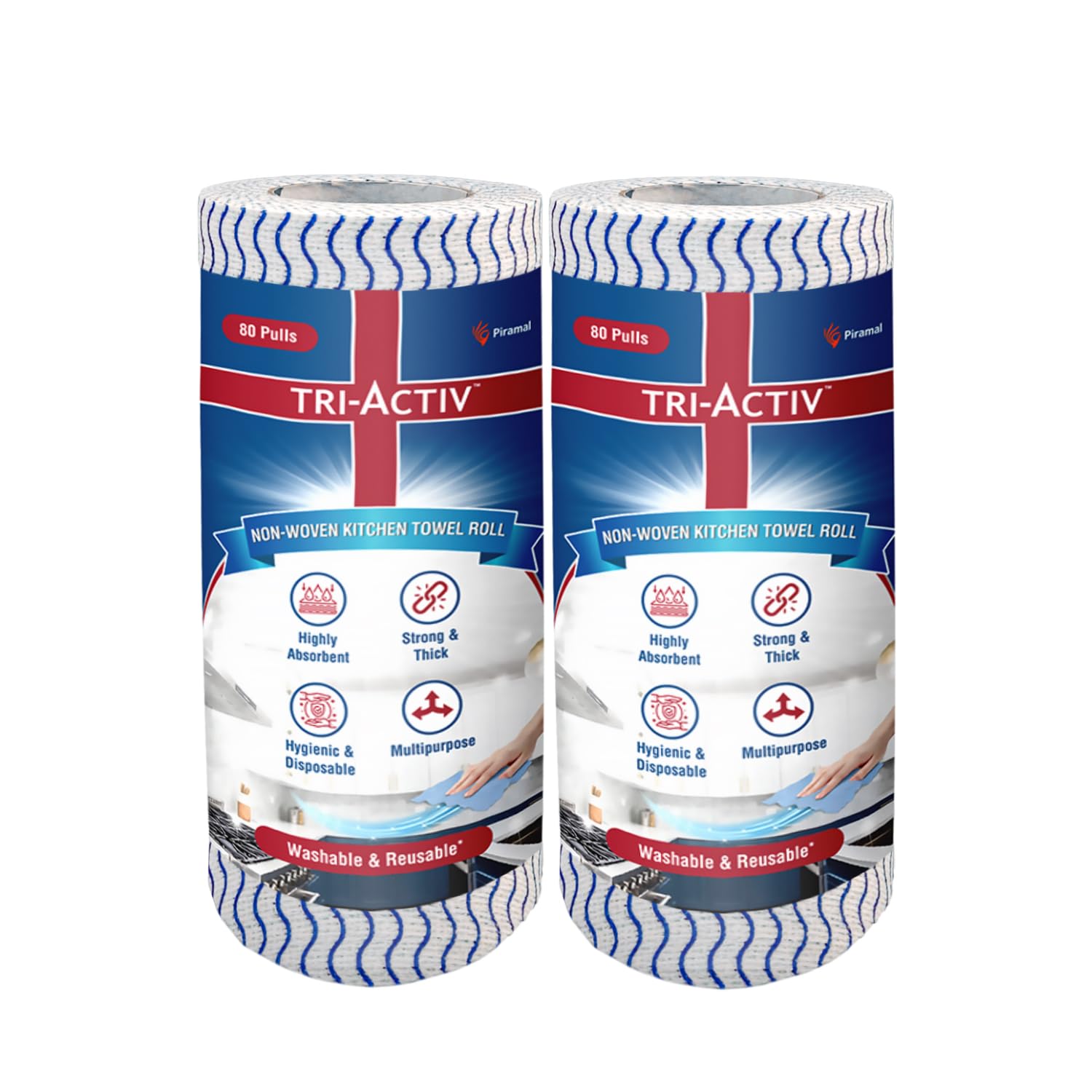 Washable & Reusable Kitchen Towel Roll | 80 Pulls per Roll, 160 Sheets Pack of 2 | Highly Absorbent Kitchen Tissue Roll | Non Woven Fabric | Better alternative to Paper Tissue Roll | Blue