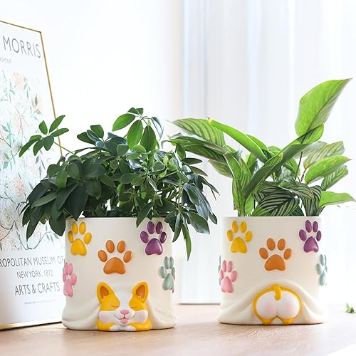 Miniatura 5 de GUGUGO Lindas macetas para gatos, coloridas macetas únicas para suculentas con drenaje, divertidas macetas decorativas de animales para plantas de