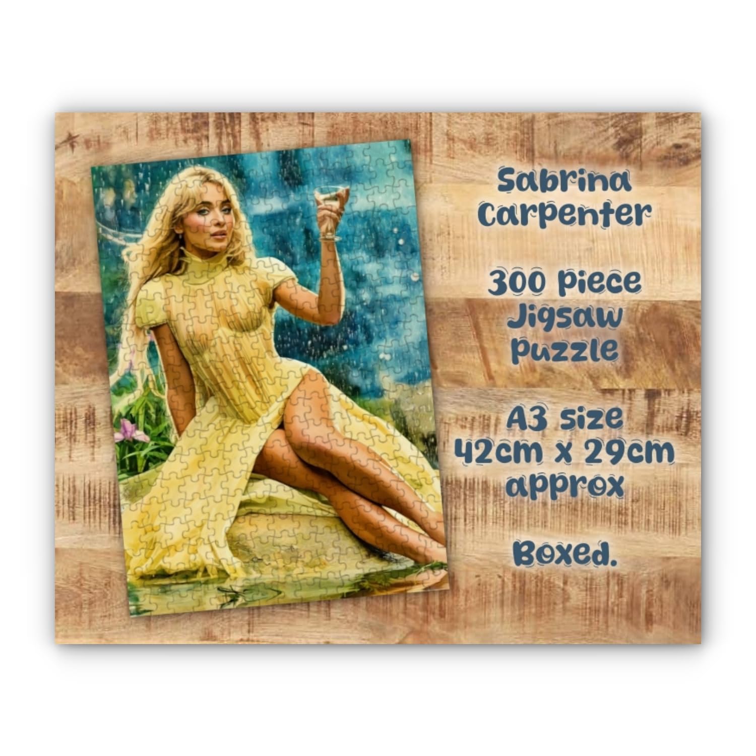 Sabrina Carpenter jigsaw puzzle, 300 pieces, cardboard puzzle with pearlescent glossy finish. Size 29.7 cm x 42 cm (A3)